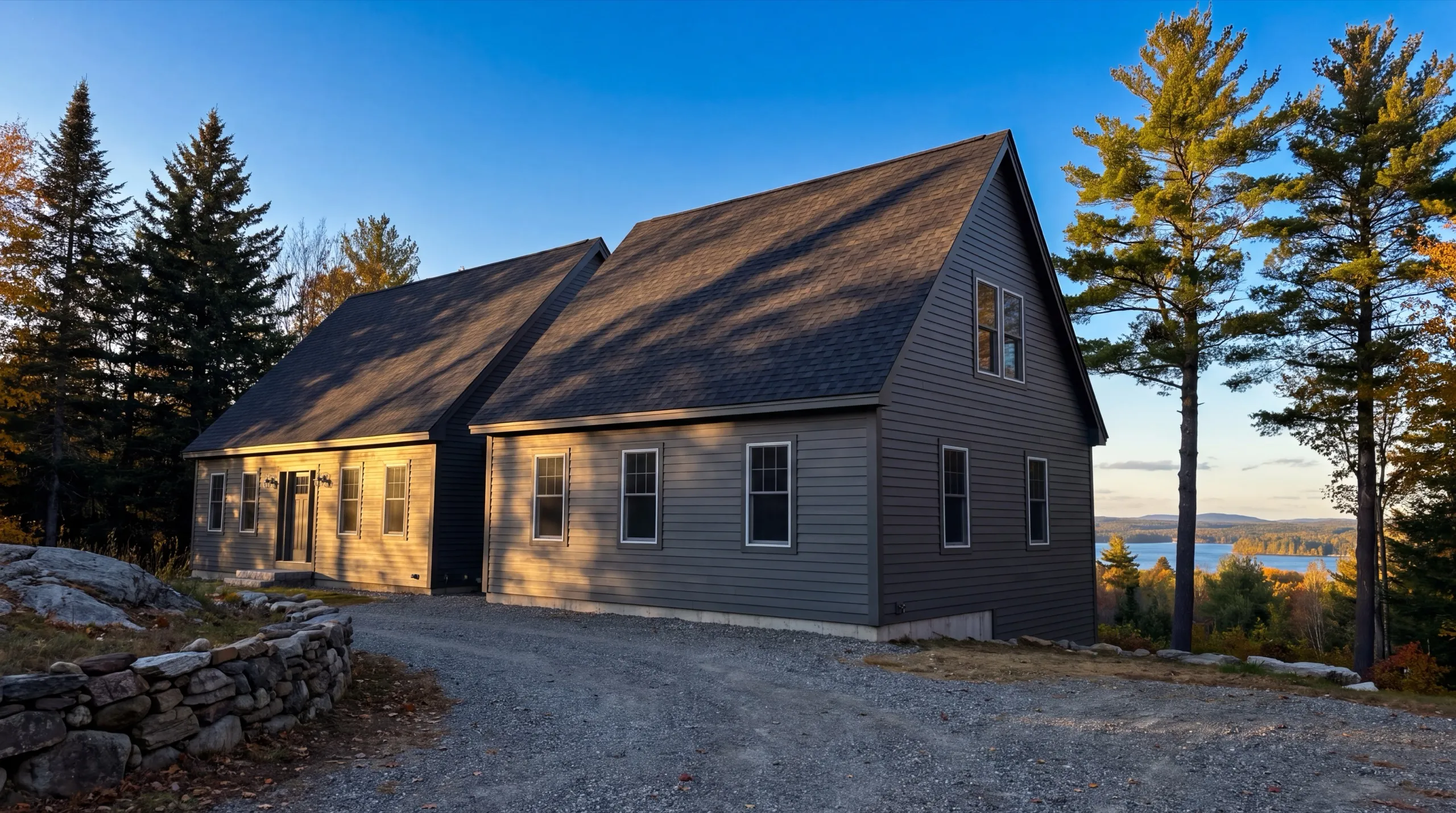 General contractor in Winthrop, ME: finished gray cape with a connected wing on a gravel drive above a lake