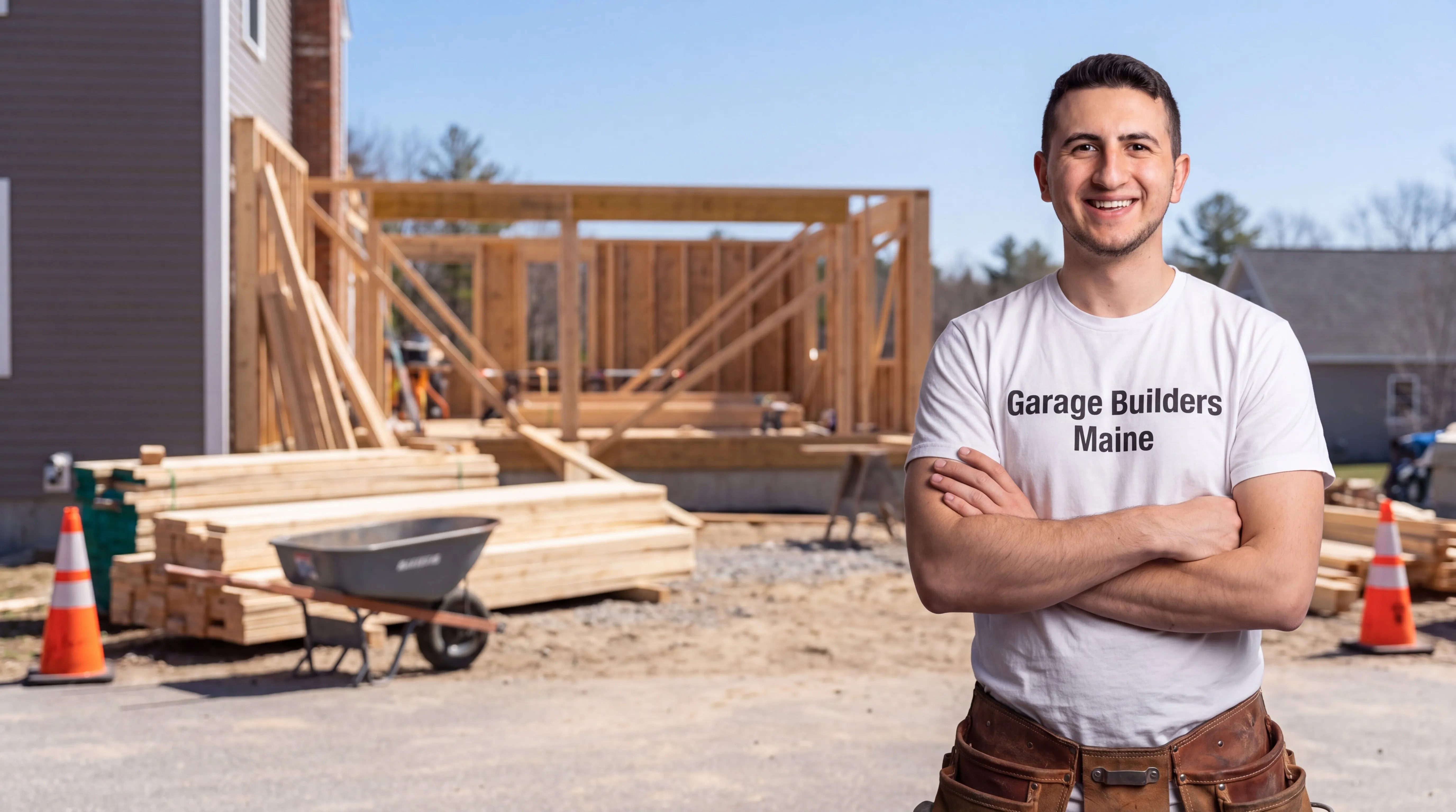 Owner of Garage Builders Maine standing with his arms crossed and smiling at a Maine job site