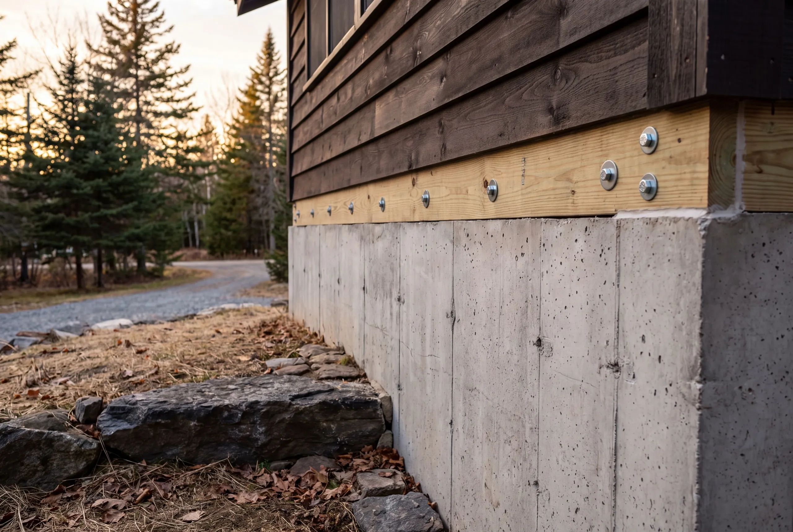 Construction company Winthrop Maine: new poured concrete foundation wall with a bolted sill under dark board siding