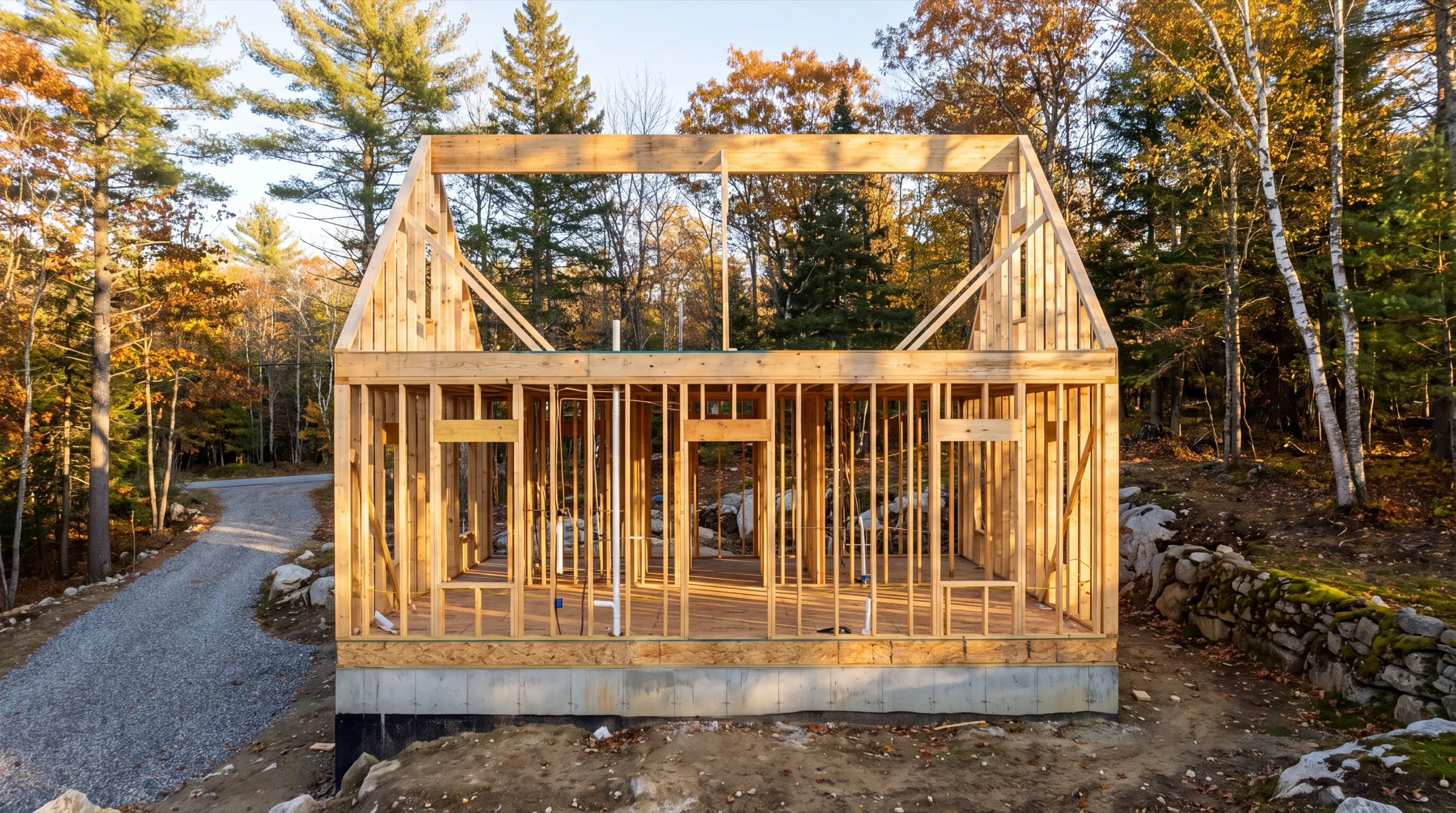 General contractor Winthrop Maine: framed one-story walls and gable ends with plumbing stubs on a wooded lot