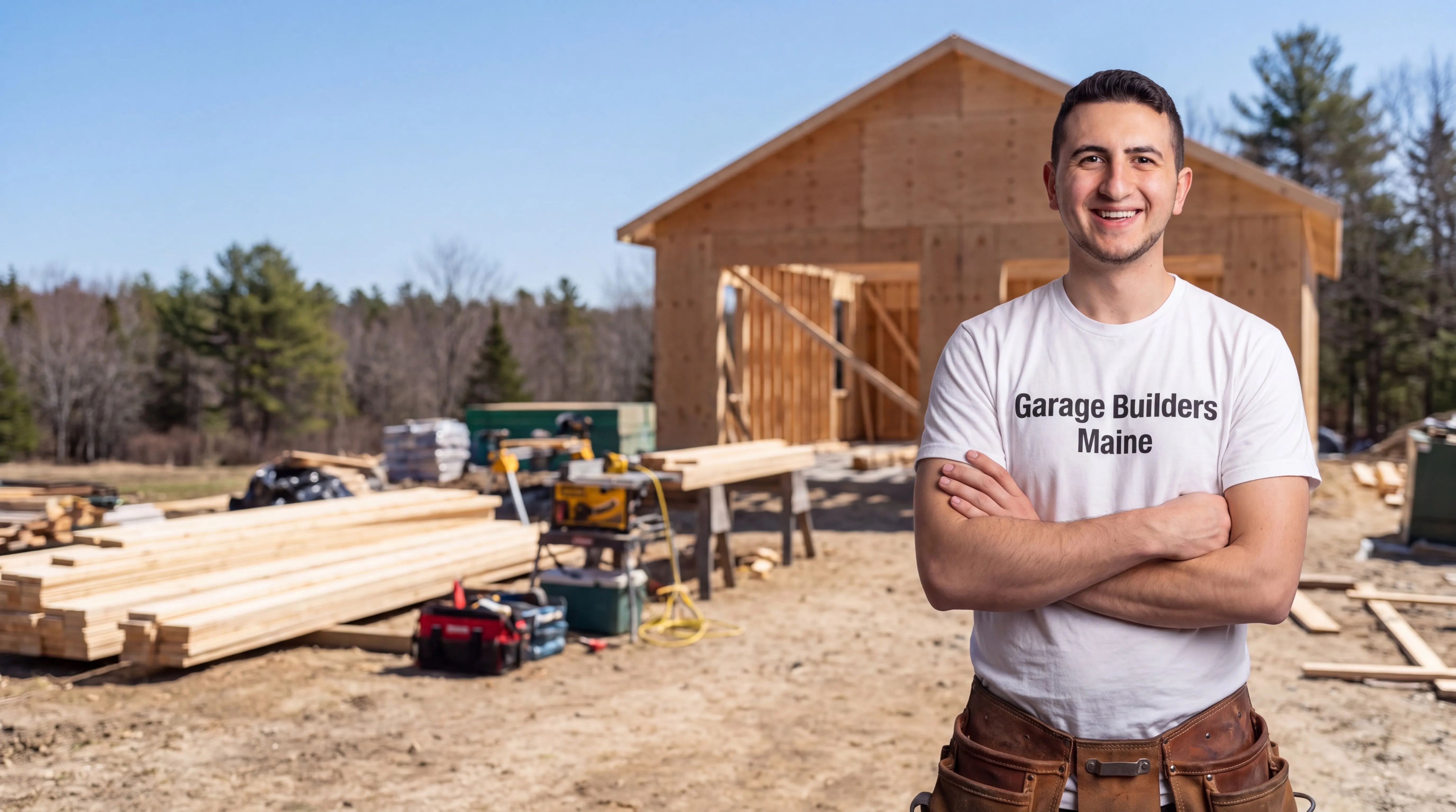 Owner of Garage Builders Maine standing with his arms crossed and smiling at a Maine job site