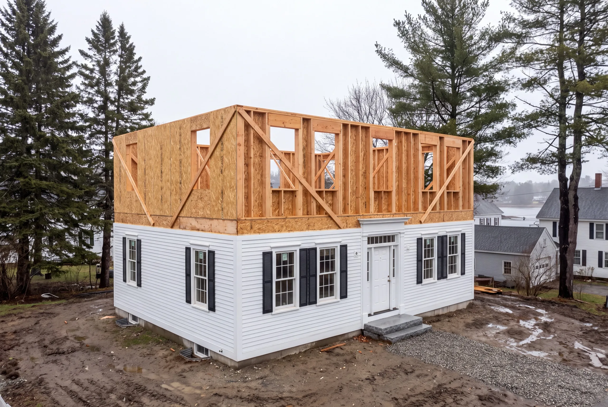 General contractor Wiscasset Maine: sheathed second-story walls with braces over a white colonial among village homes