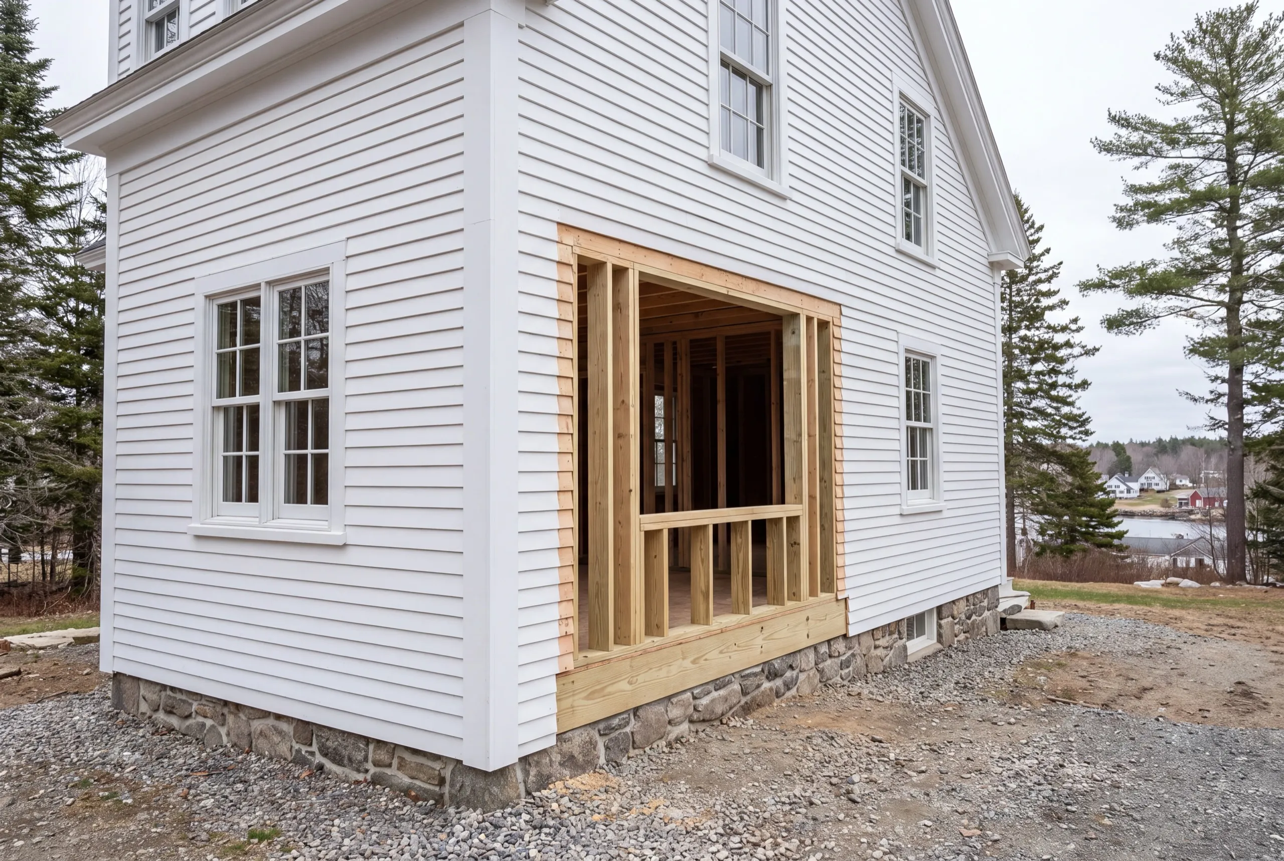 General contractor Wiscasset Maine: white clapboard house with its lower wall opened to new studs and sill