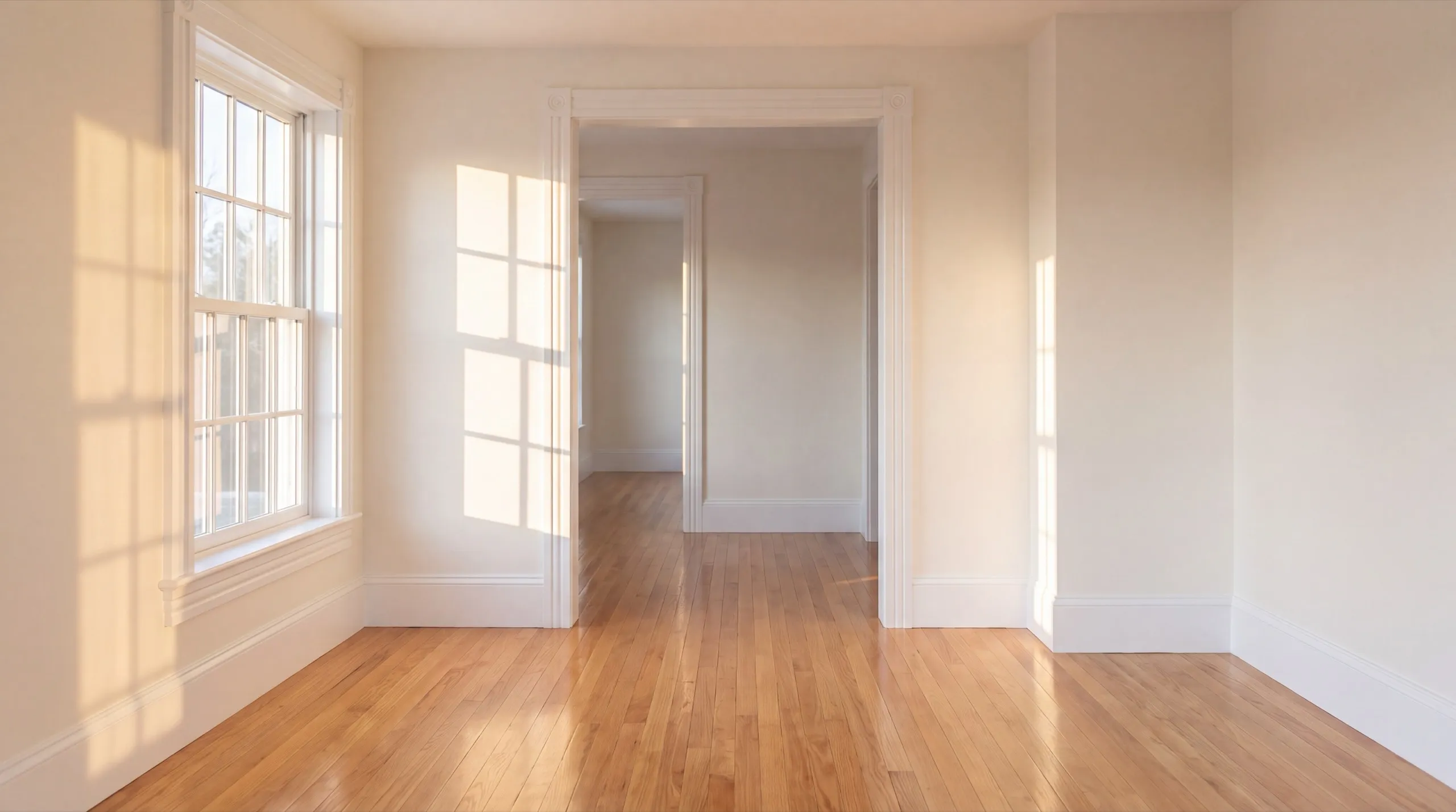 Residential general contractor Wiscasset Maine: empty finished room with oak floors, white trim and a tall window