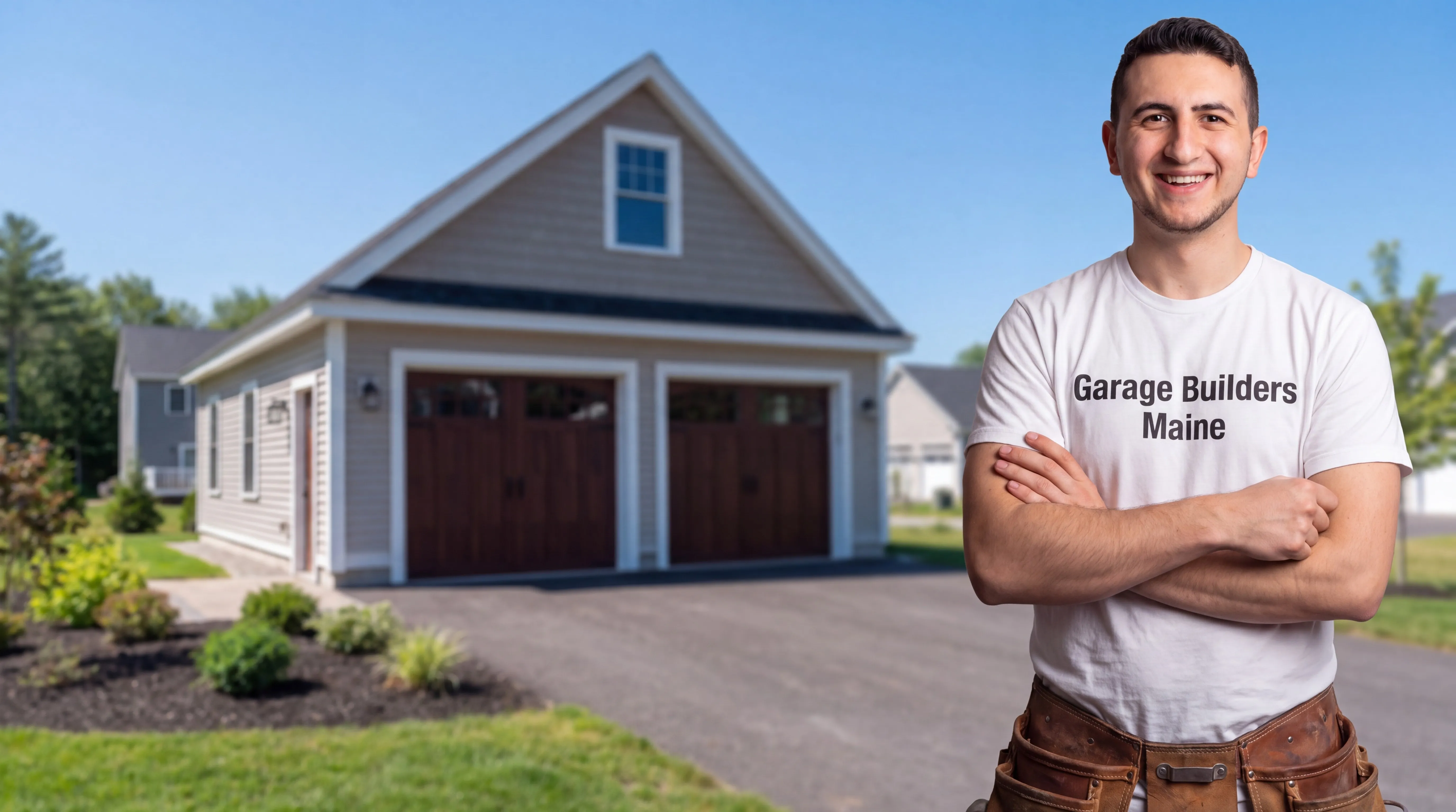 Garage Builders Maine owner with arms crossed in front of a finished two-bay garage with wood doors