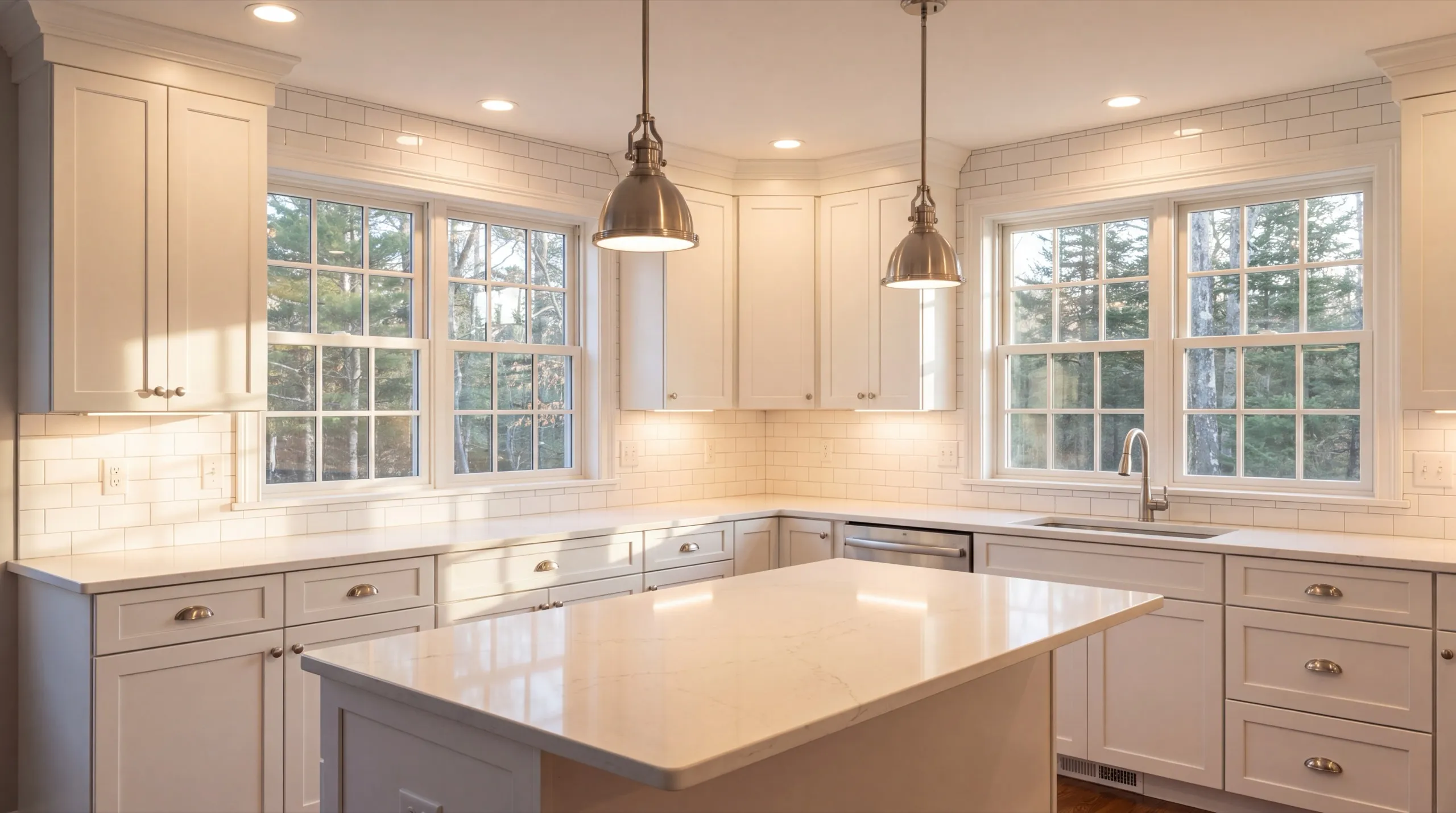 Remodeling Augusta Maine: white kitchen with a center island, two pendant lights and subway tile
