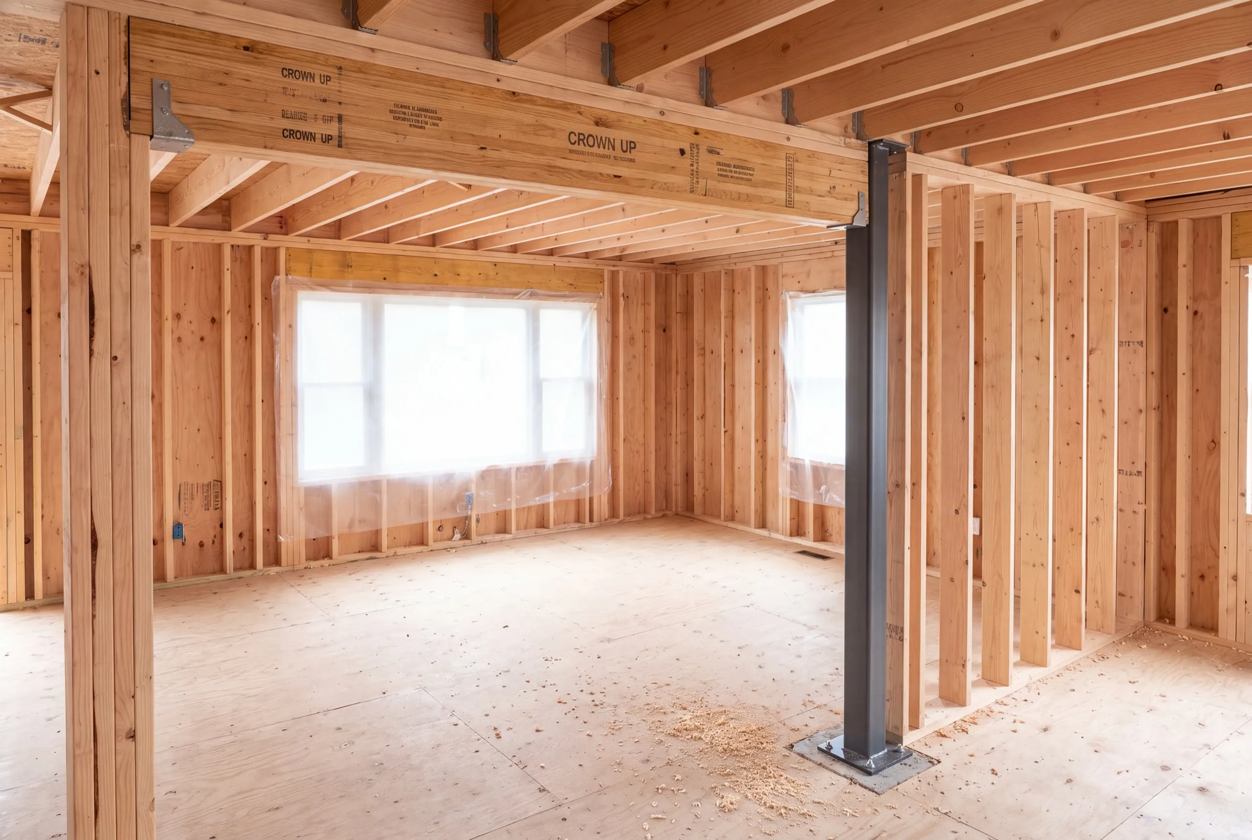 Home remodeling contractor Augusta Maine: framed room with an engineered beam on a steel post carrying the load