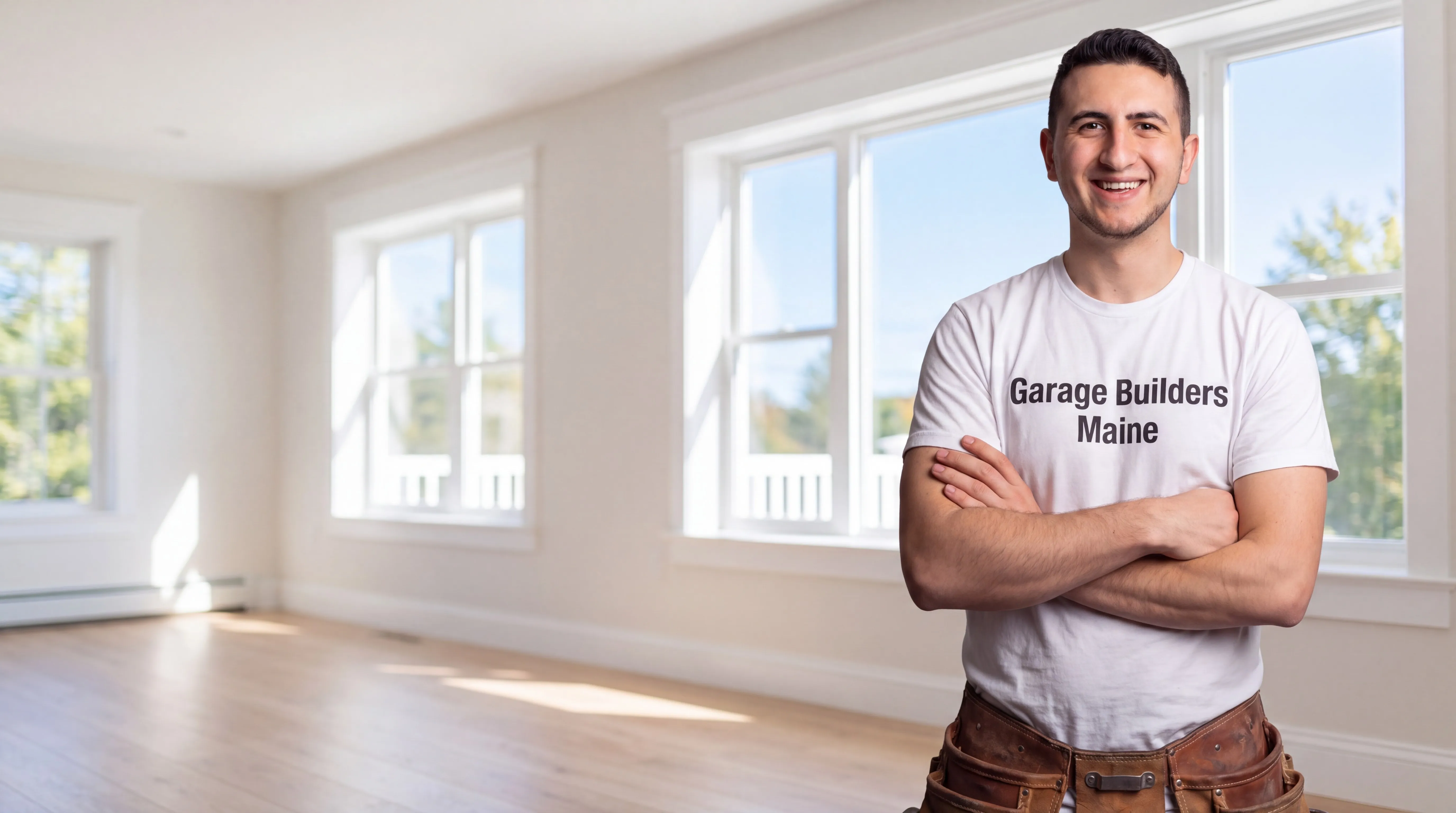 Remodeling Augusta Maine: owner with arms crossed in front of a finished empty room with large windows