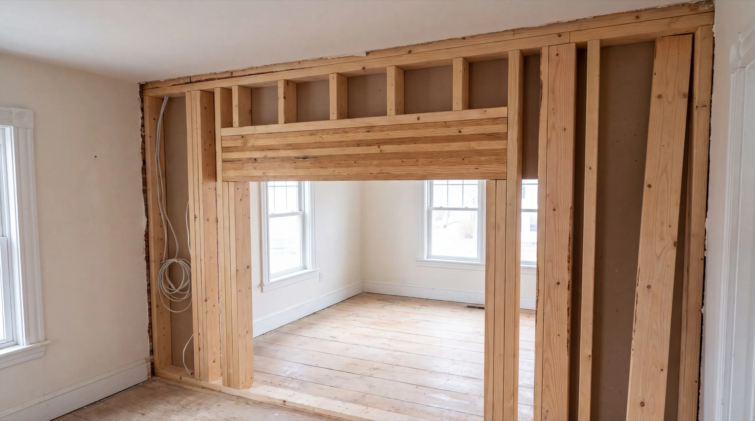 Home remodeling contractor Augusta Maine: new header and jack studs framing a widened opening between two rooms