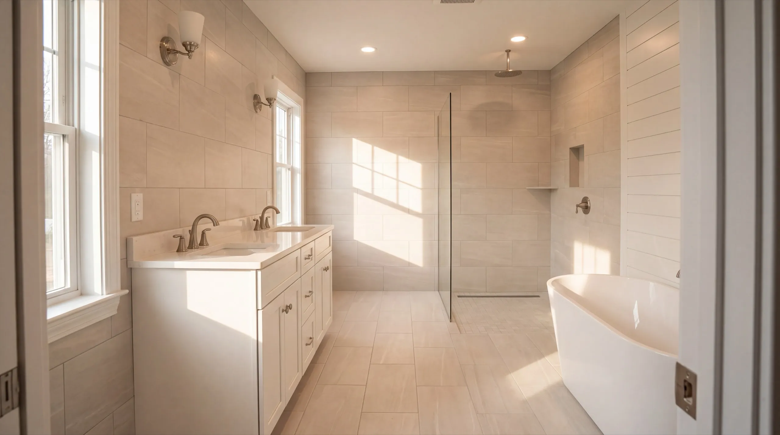 Remodeling Central Maine: bathroom with a tiled walk-in shower, glass panel, freestanding tub and vanity