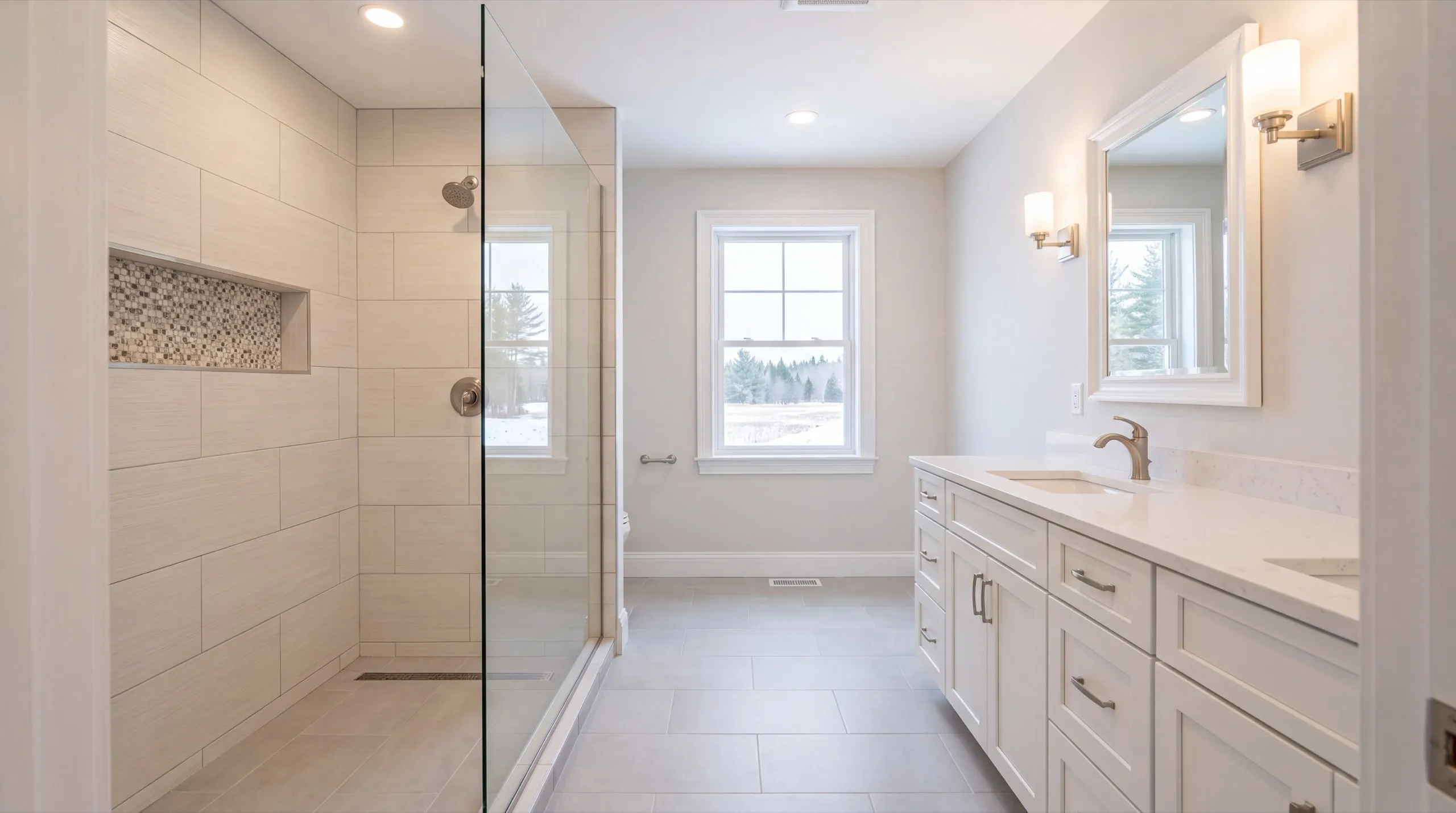 Remodeling Chelsea Maine: bathroom with a glass-paneled walk-in shower, tile niche and a long vanity