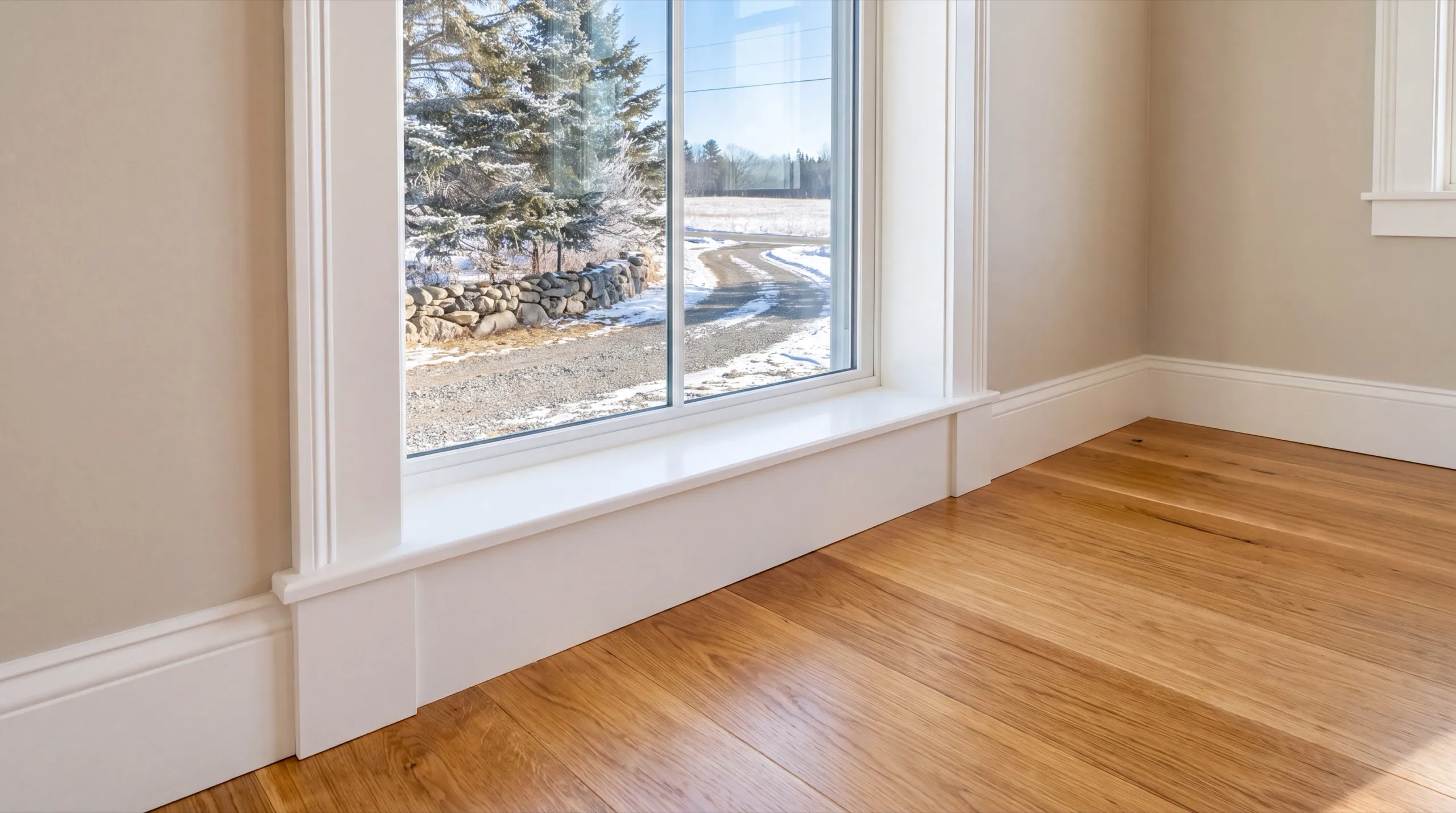 Home remodeling contractor Chelsea Maine: finished room with painted trim around a wide window and an oak floor