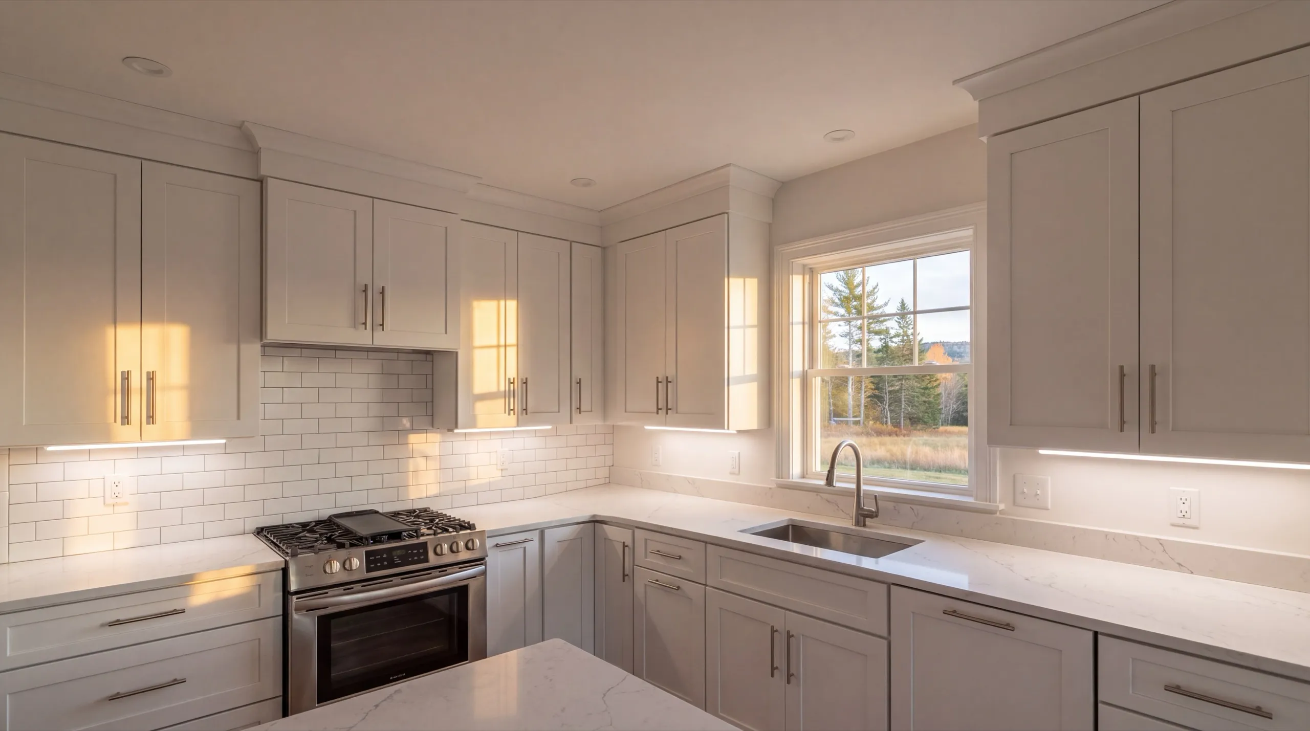 Remodeling Chelsea Maine: white kitchen with shaker cabinets, subway tile, a gas range and a window sink