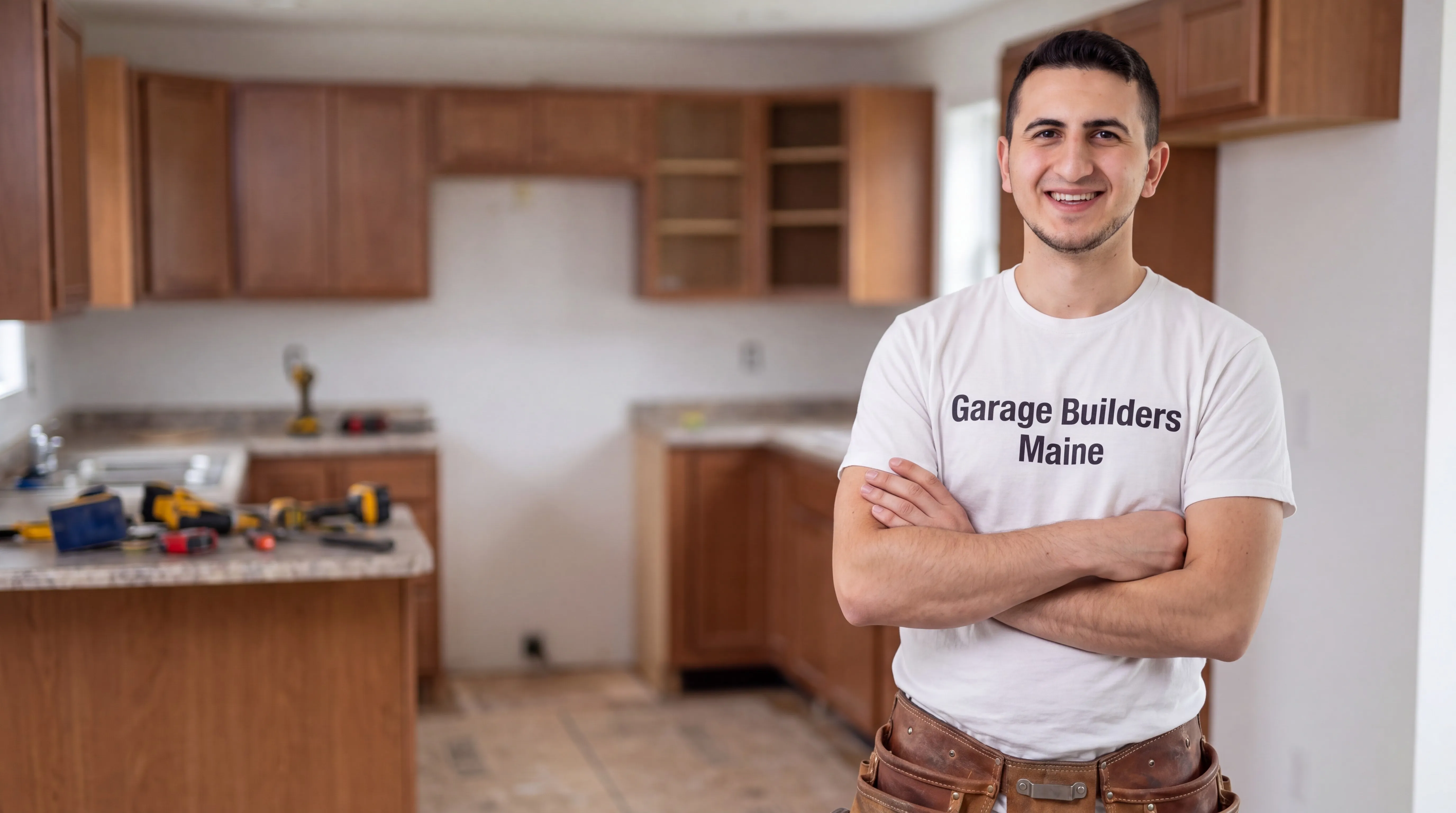 Remodeling Chelsea Maine: owner with arms crossed in front of a kitchen mid-remodel, tools on the counter