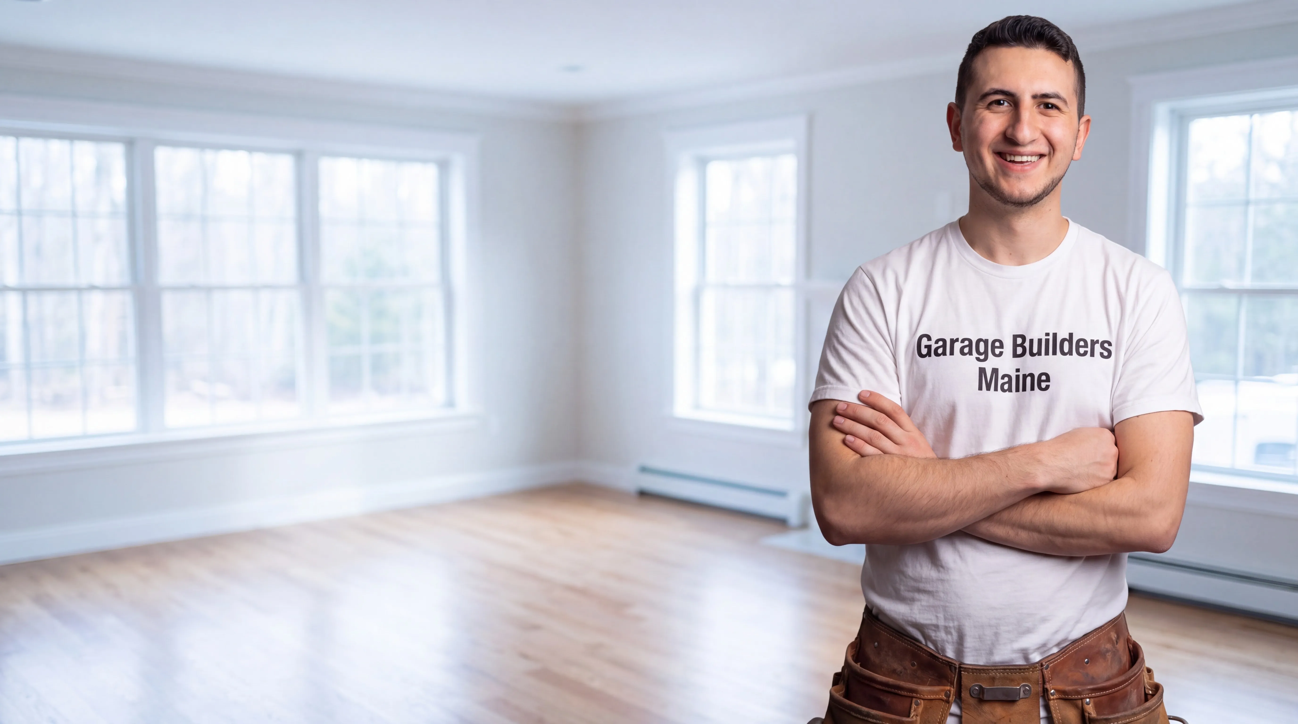 Owner of Garage Builders Maine standing with his arms crossed and smiling at a Maine job site