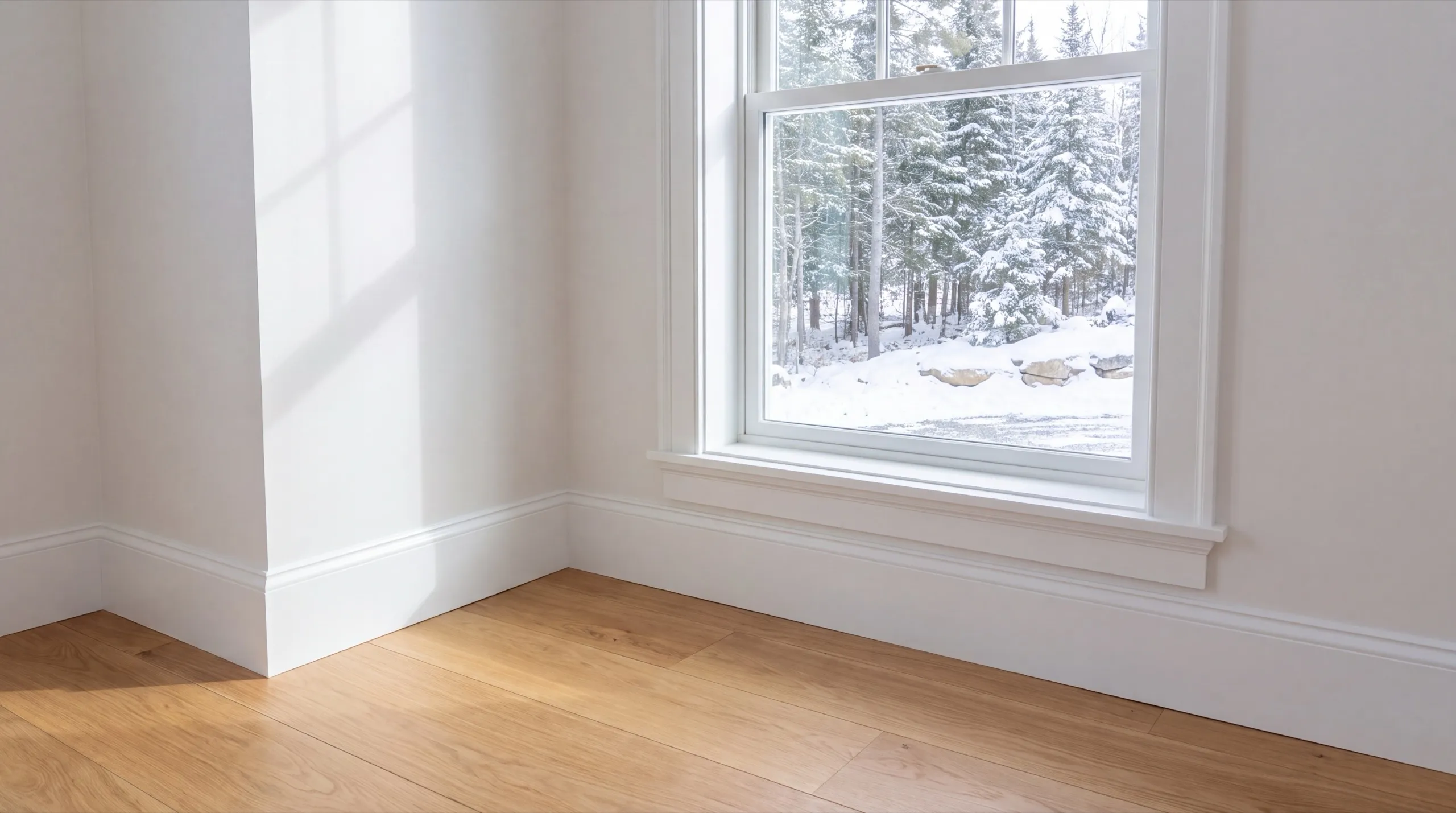 Home remodeling contractor Dresden Maine: finished white room with a cased window, baseboard and a light oak floor