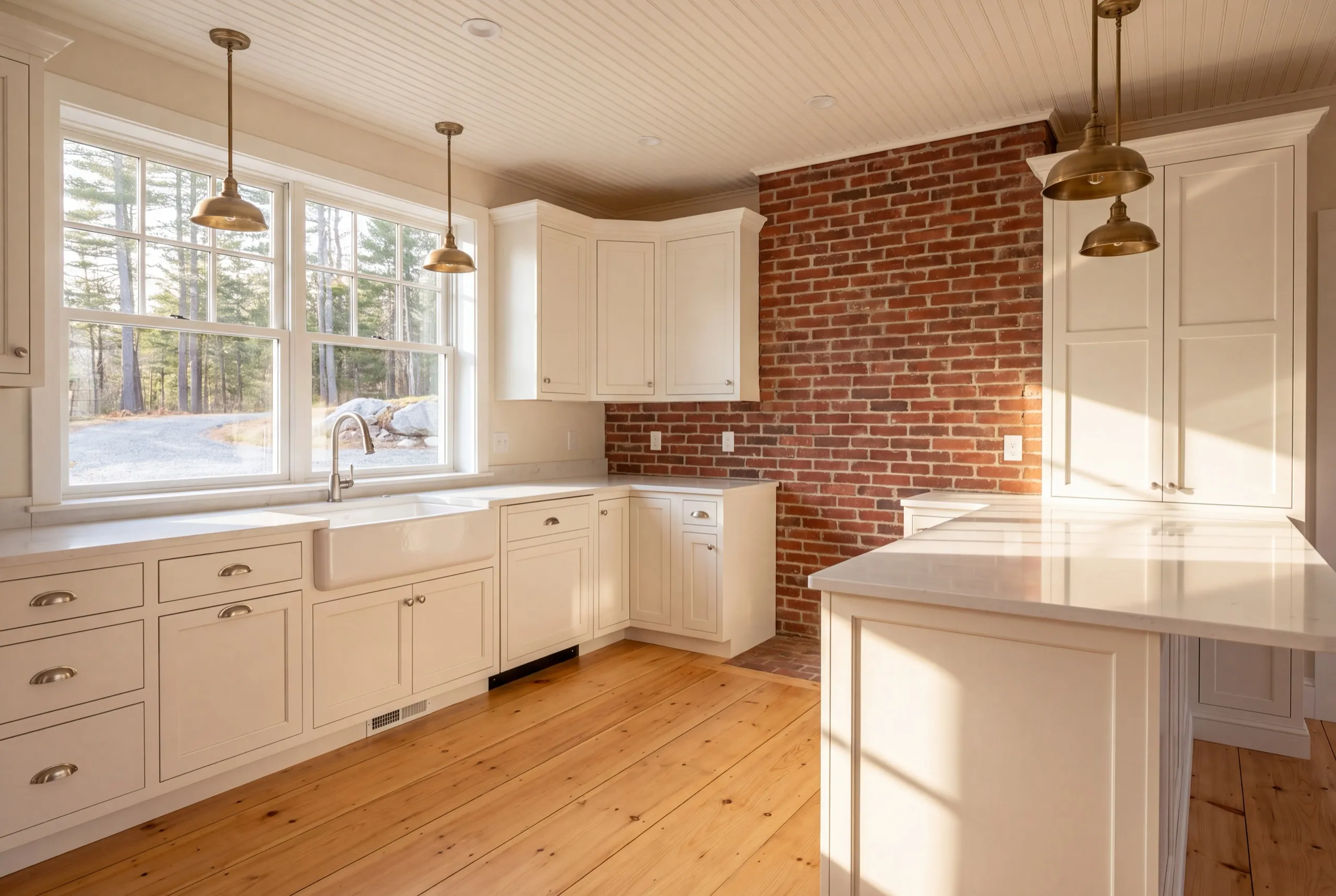 Remodeling Dresden Maine: white kitchen with a brick chimney wall, apron sink, pendants and pine floor