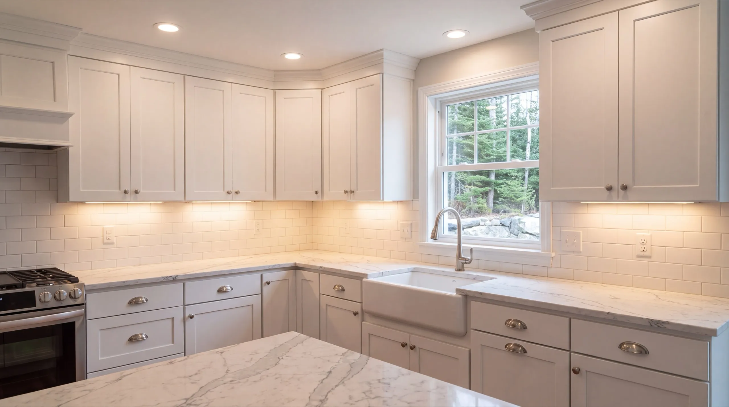 Remodeling Dresden Maine: white kitchen with an apron sink under a window, subway tile and marble island