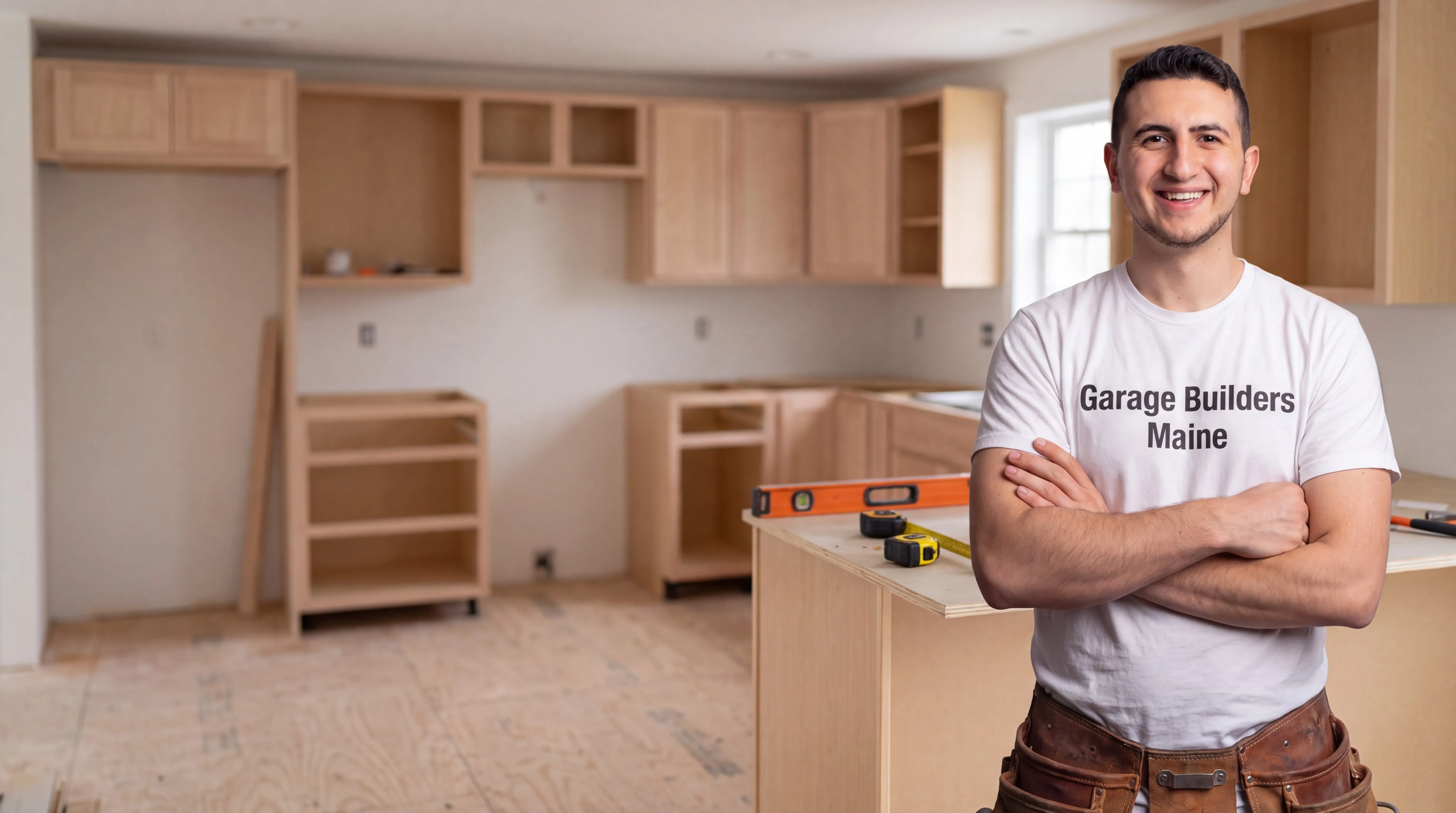 Remodeling Dresden Maine: owner with arms crossed in front of a kitchen with cabinets going in