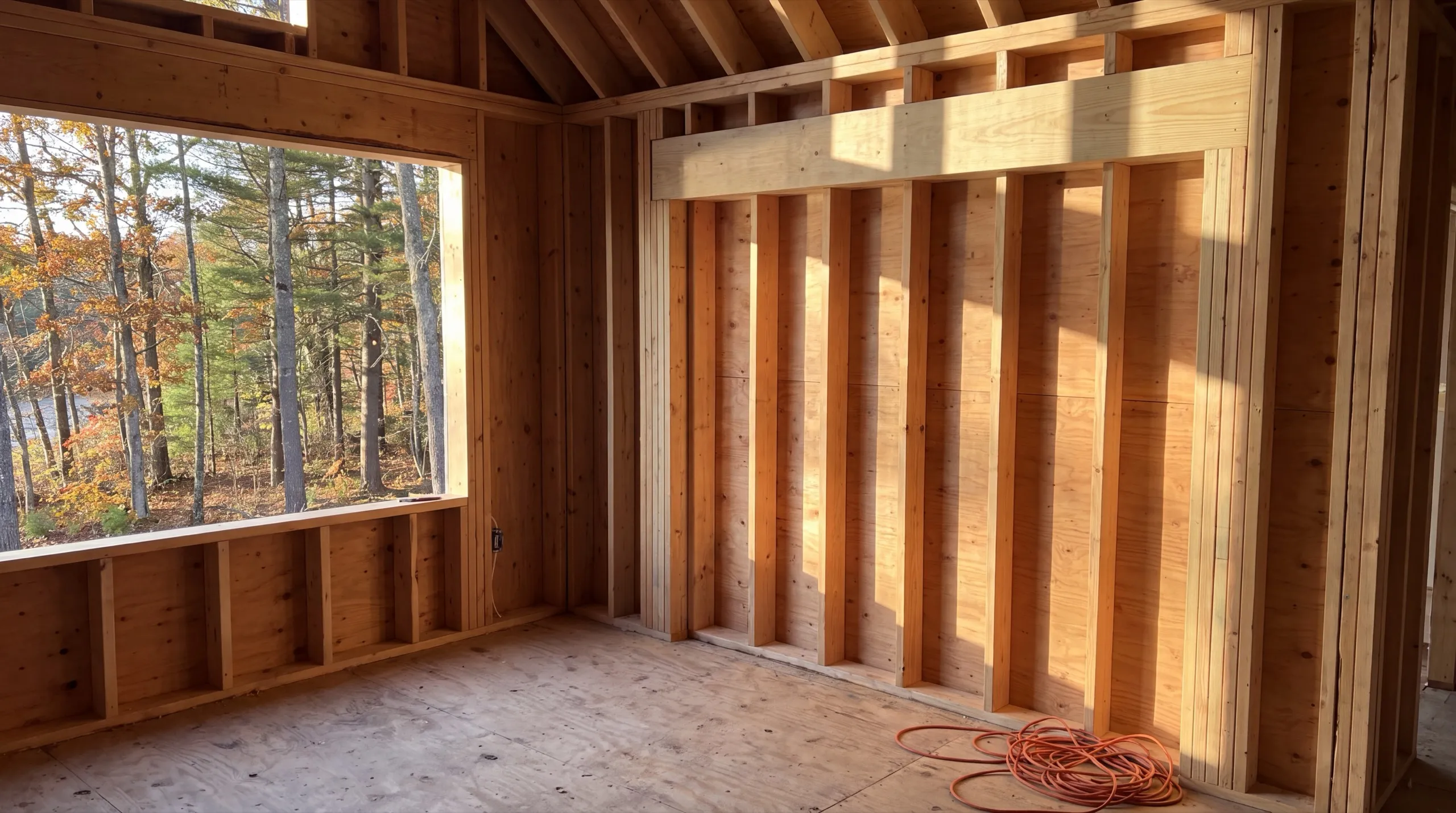 Home remodeling contractor Dresden Maine: framed room with a header over a stud wall and a large window opening