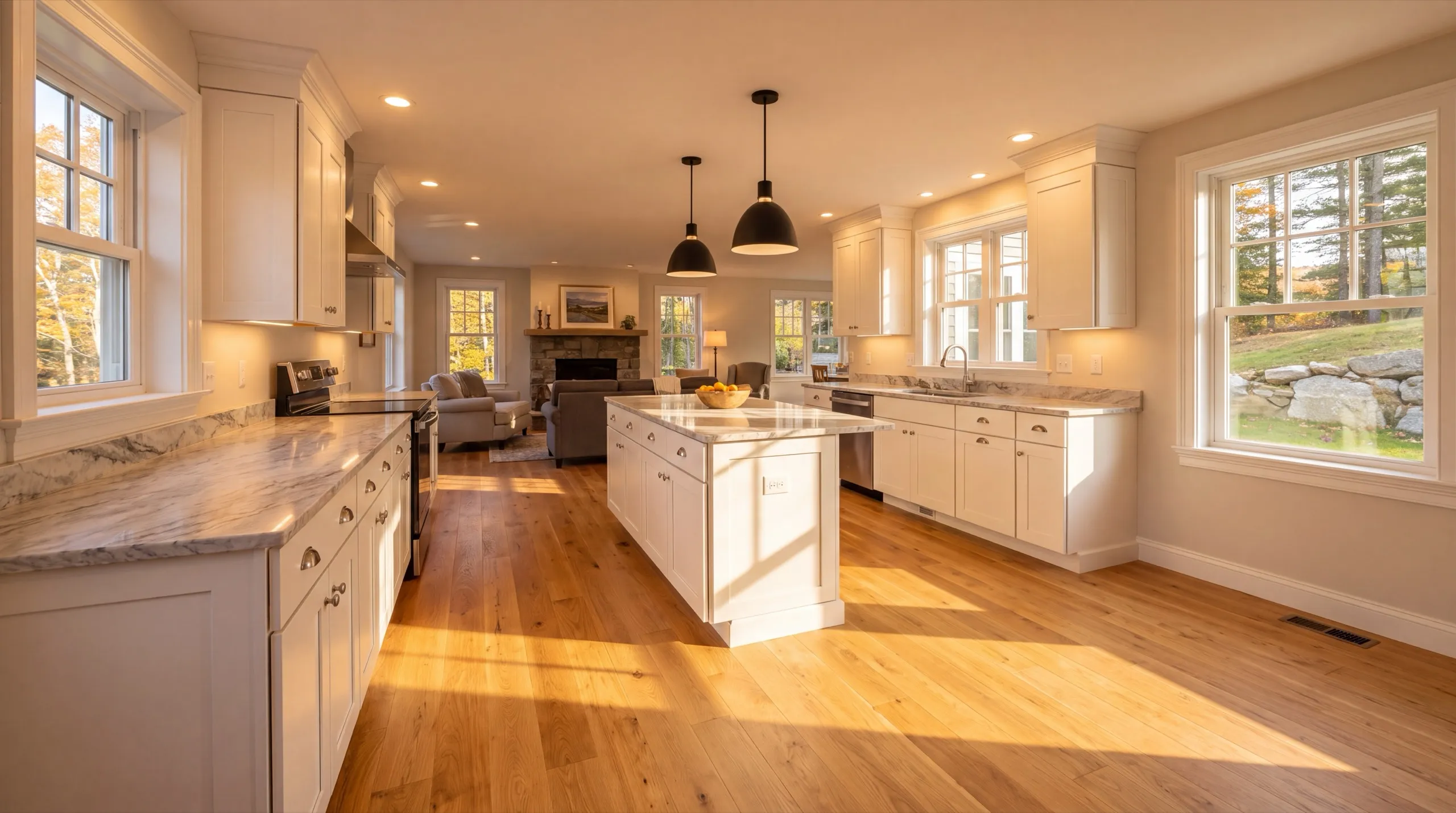 Remodeling in Farmingdale, ME: finished white kitchen with an island and pendants open to a living room