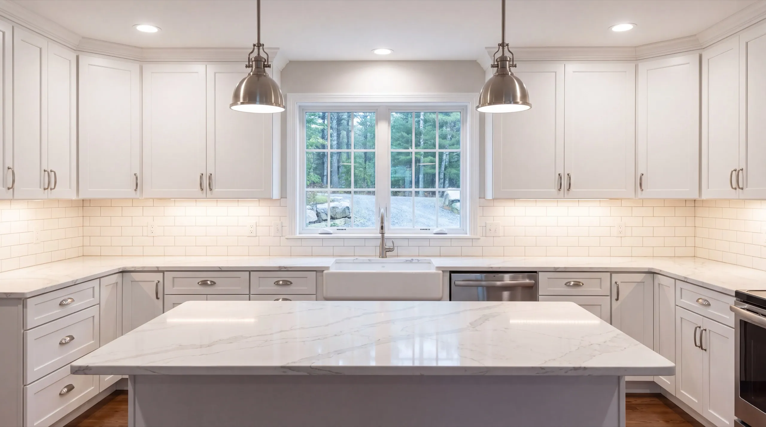 Remodeling Farmingdale Maine: white kitchen with an apron sink under a window, pendants and a marble island