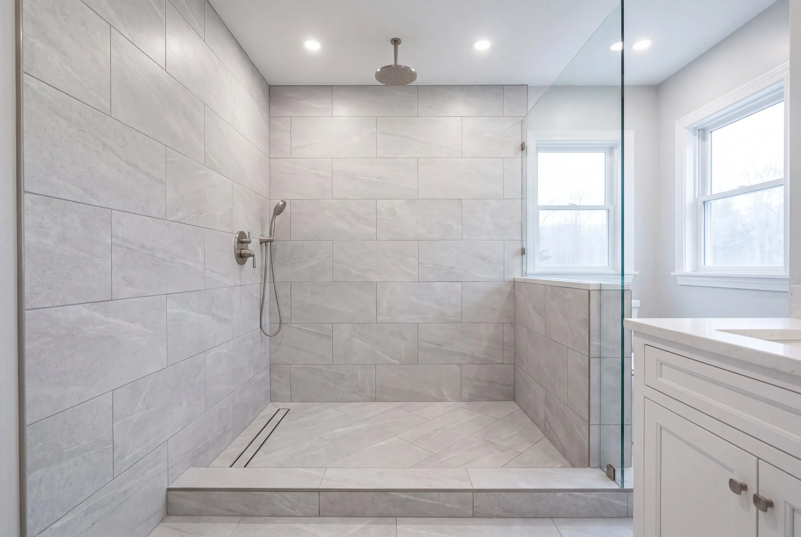 Home renovation contractor Farmingdale Maine: tiled walk-in shower with a low curb, glass panel and large gray porcelain tile