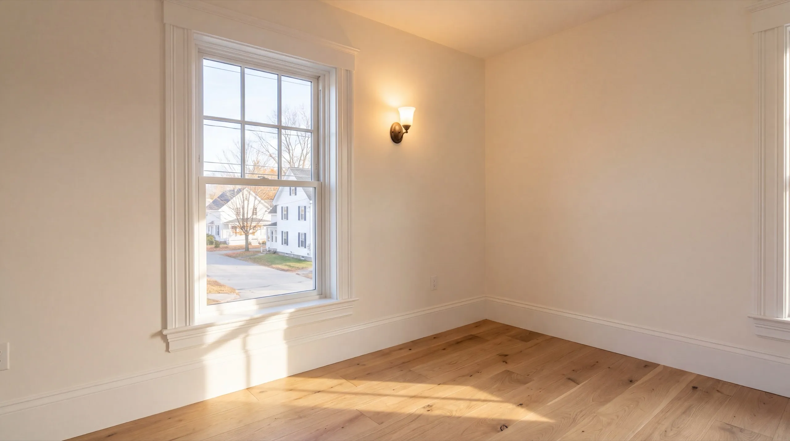 Home remodeling contractor Gardiner Maine: finished room with a cased window, wall sconce and a light oak floor