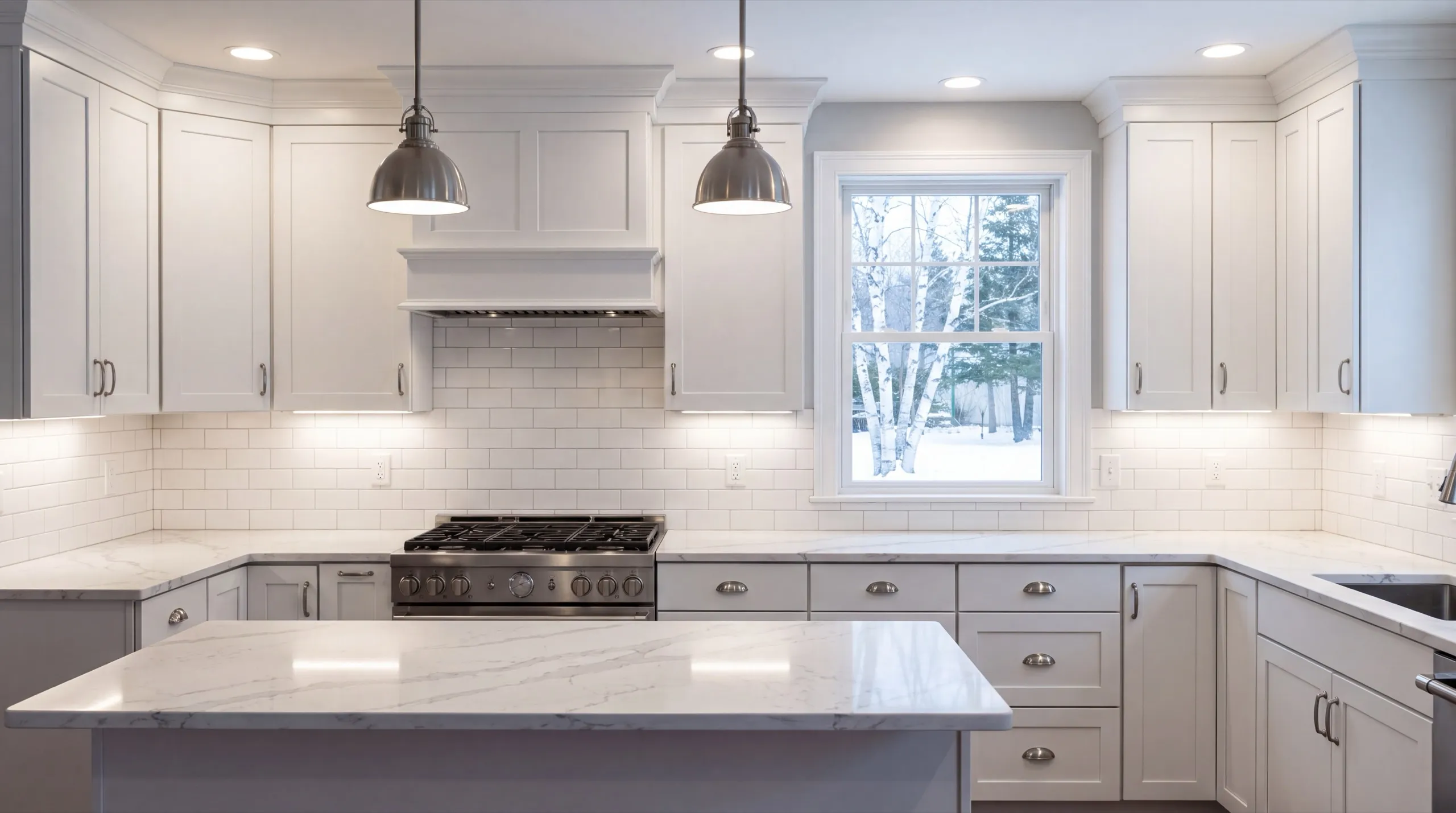 Remodeling Gardiner Maine: white kitchen with a range hood, pendants and a large marble island