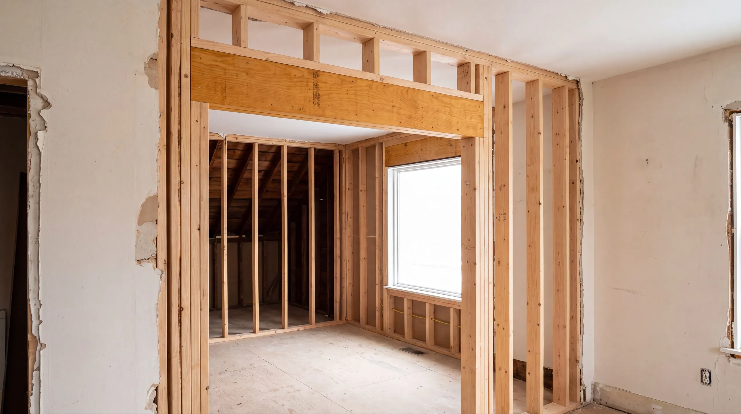 Home remodeling contractor Gardiner Maine: widened opening with a new header in a plaster wall, framed room beyond