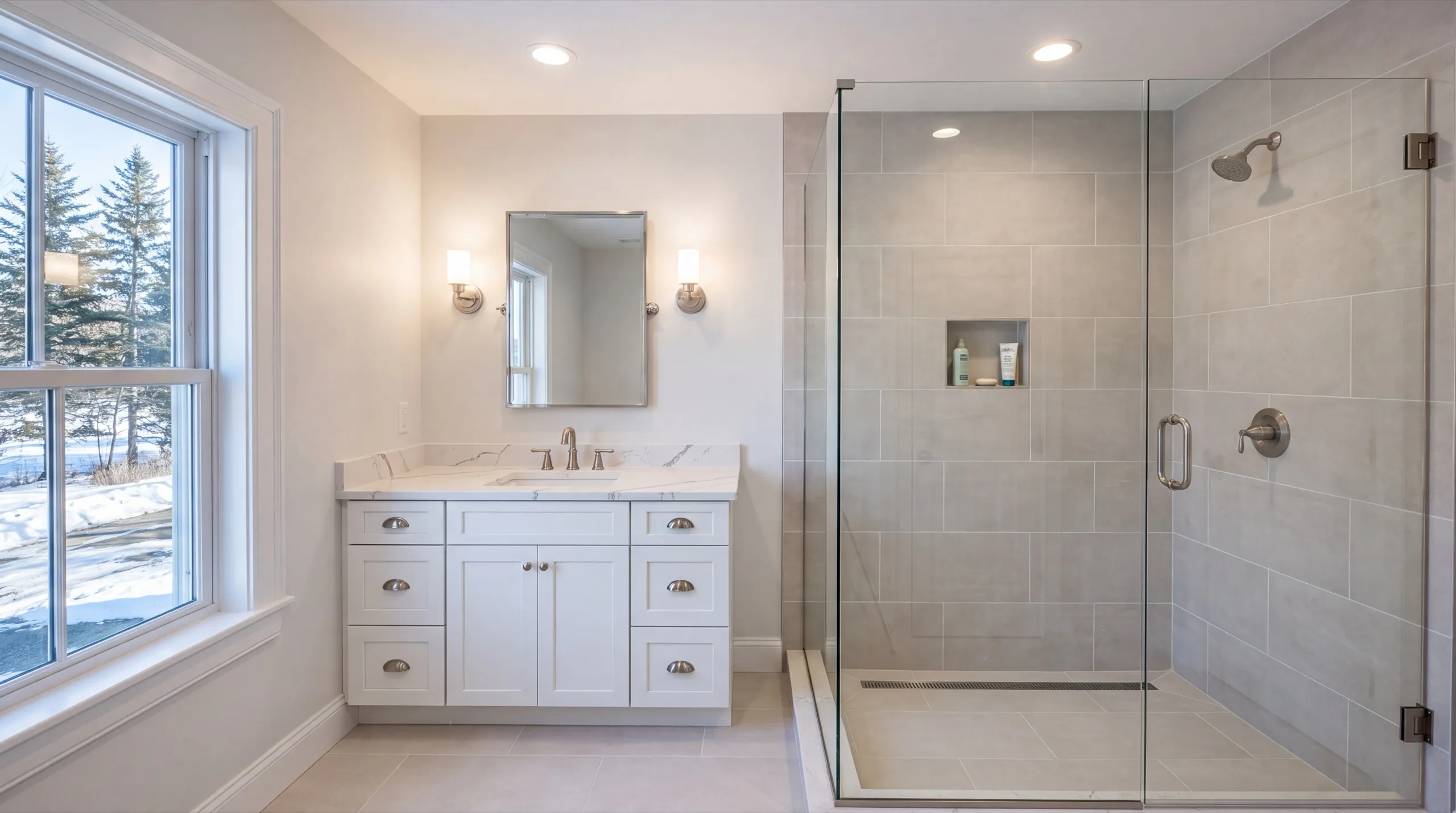 Remodeling Hallowell Maine: bathroom with a glass-enclosed tiled walk-in shower and a white vanity