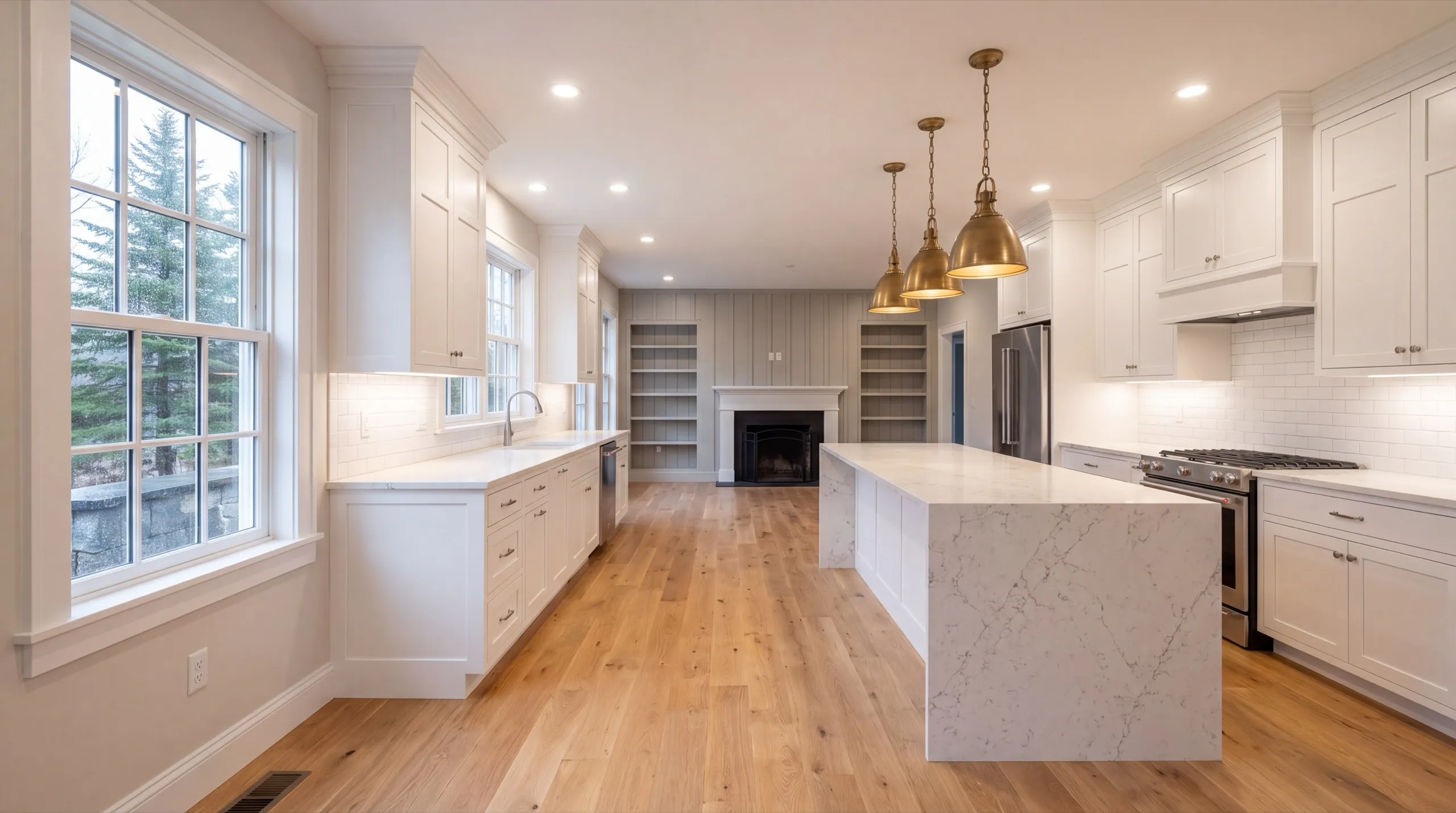 Remodeling in Hallowell, ME: finished white kitchen with a waterfall island, brass pendants and a fireplace