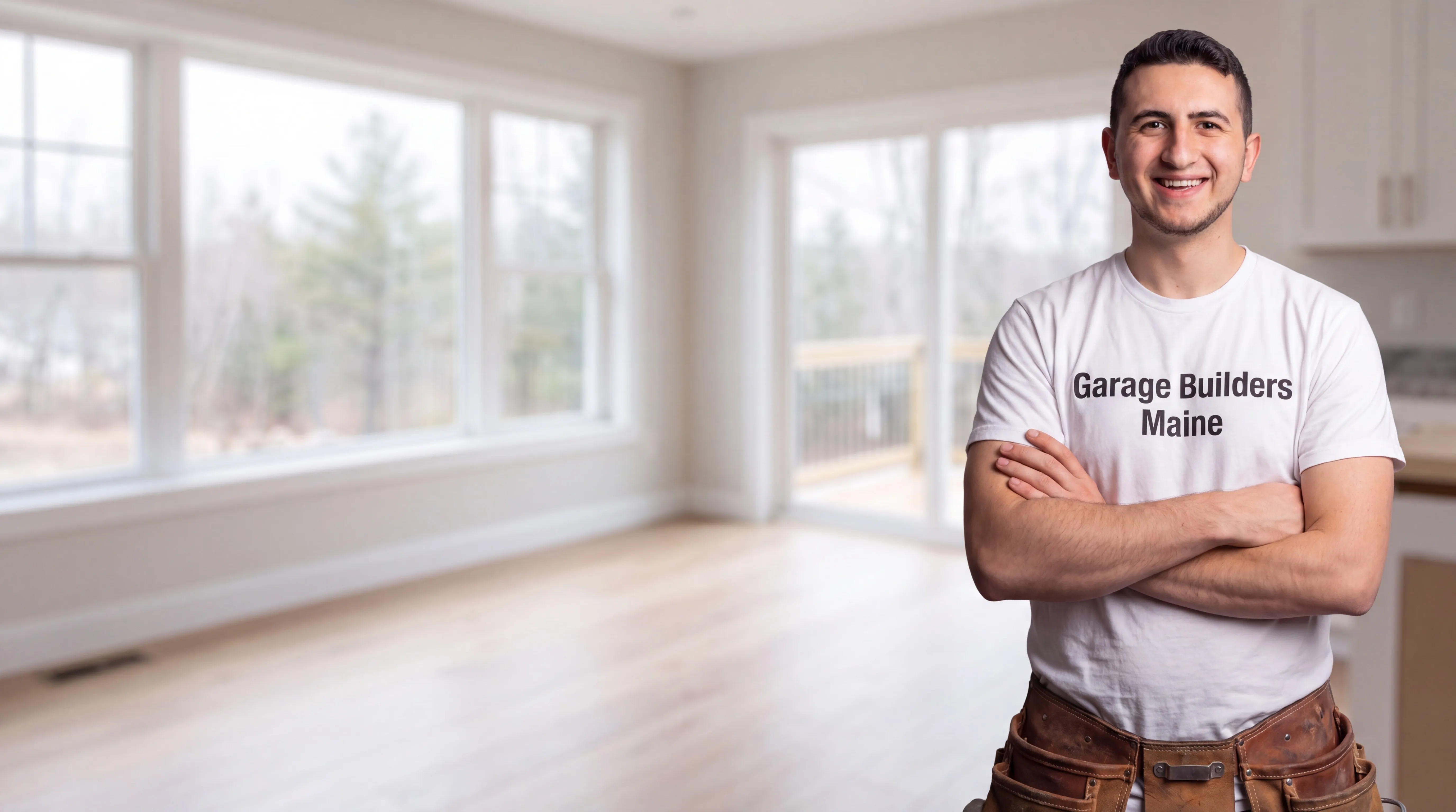 Remodeling Hallowell Maine: owner with arms crossed in front of a finished empty room with deck doors