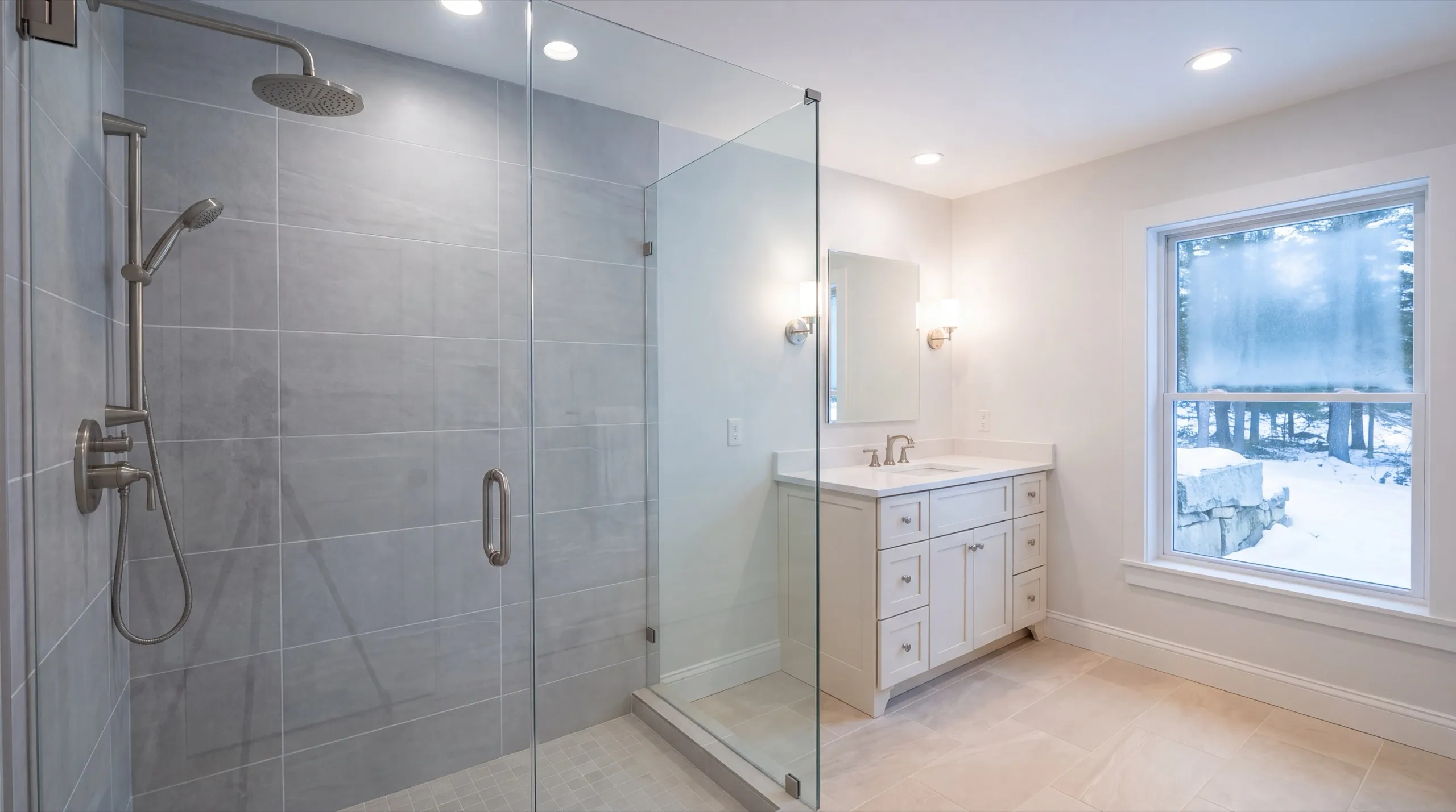 Remodeling Jefferson Maine: bathroom with a gray tiled walk-in shower behind glass and a white vanity