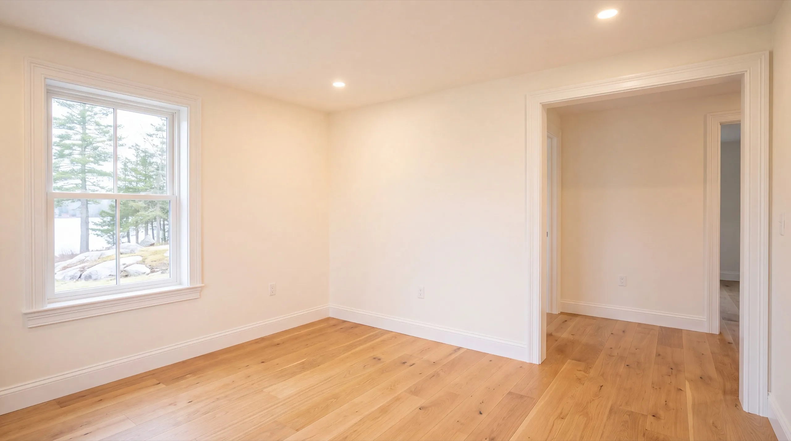 Home remodeling contractor Jefferson Maine: finished empty room with a cased doorway, window and light oak floor