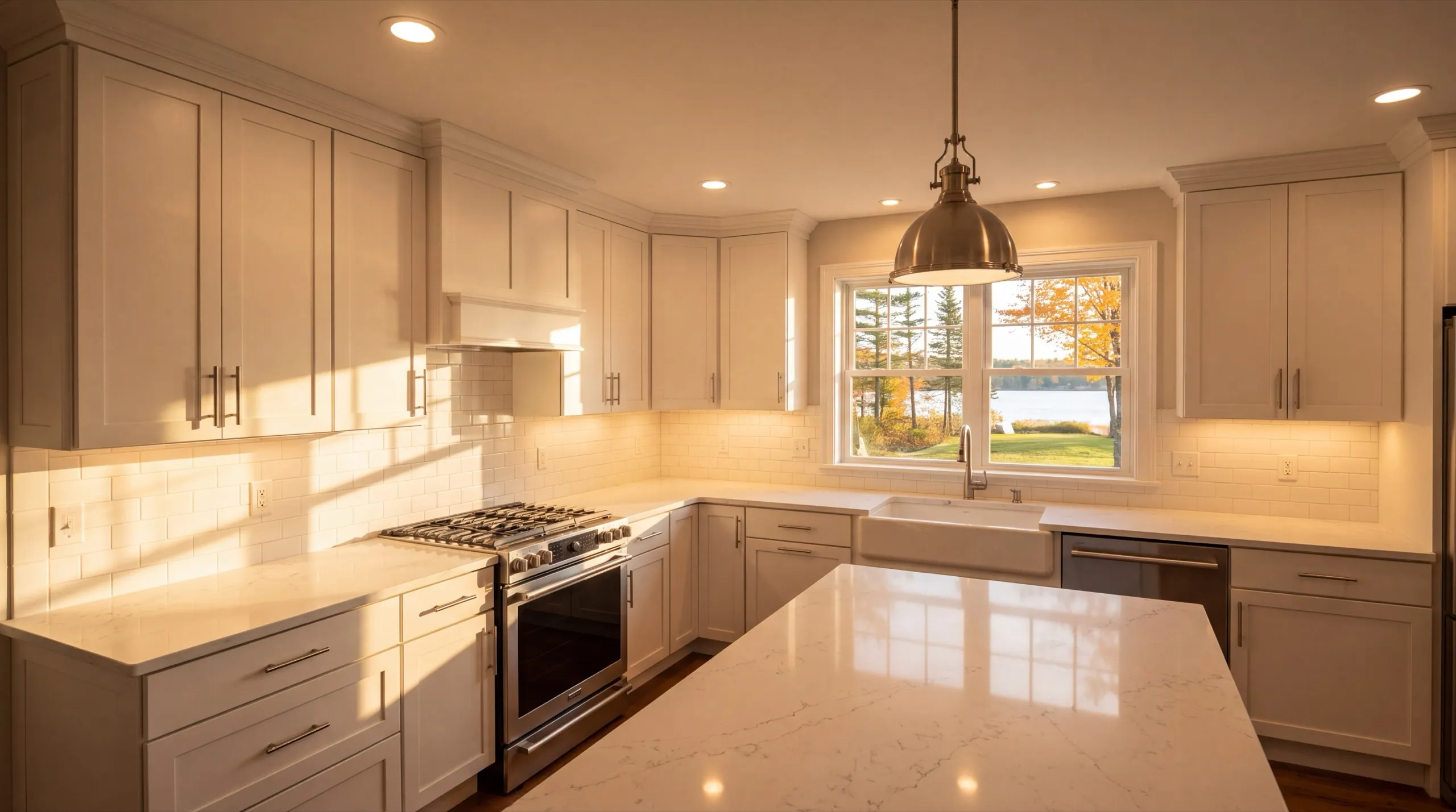 Remodeling Jefferson Maine: kitchen with an island, apron sink under a lake-view window and a pendant