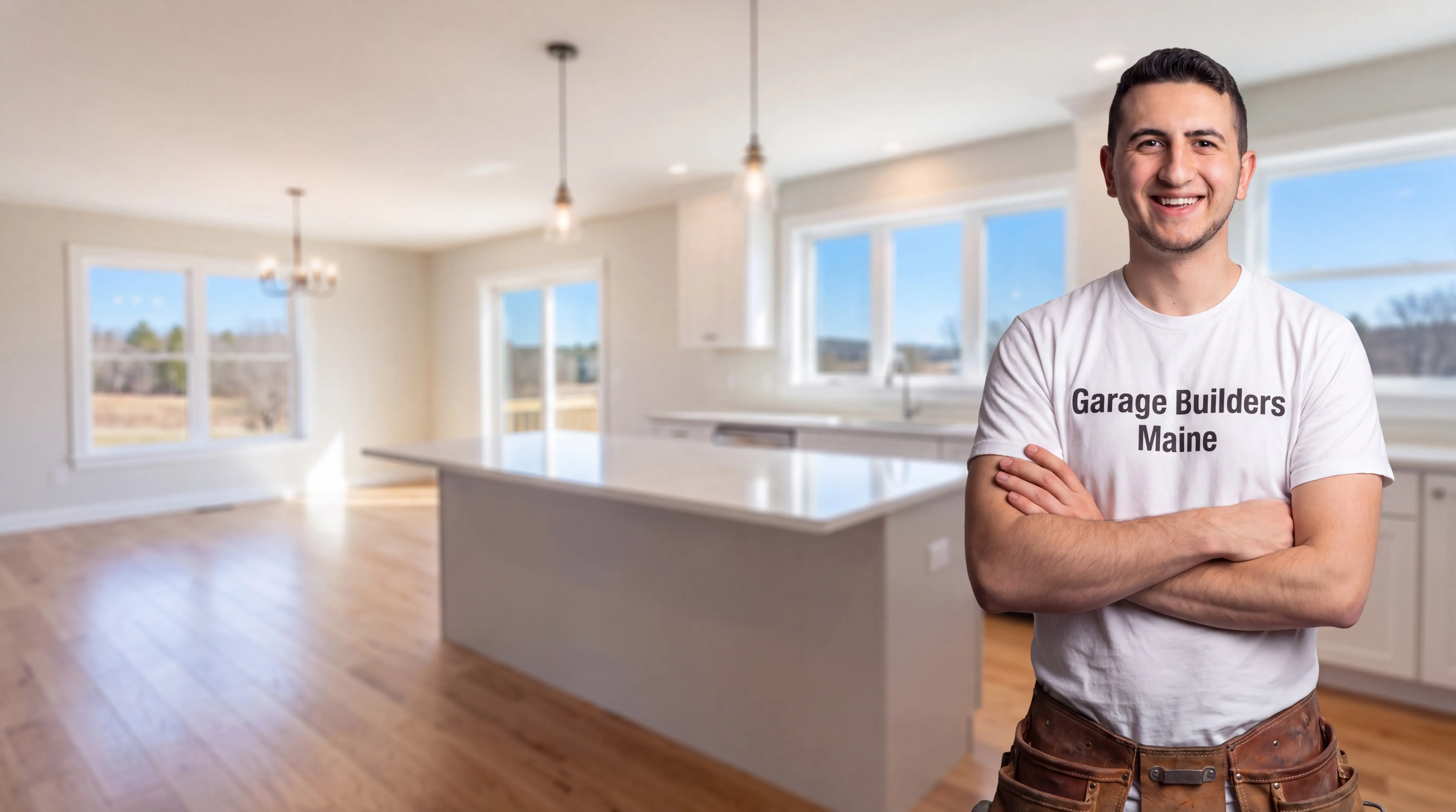Remodeling Jefferson Maine: owner with arms crossed in front of a finished white kitchen with an island