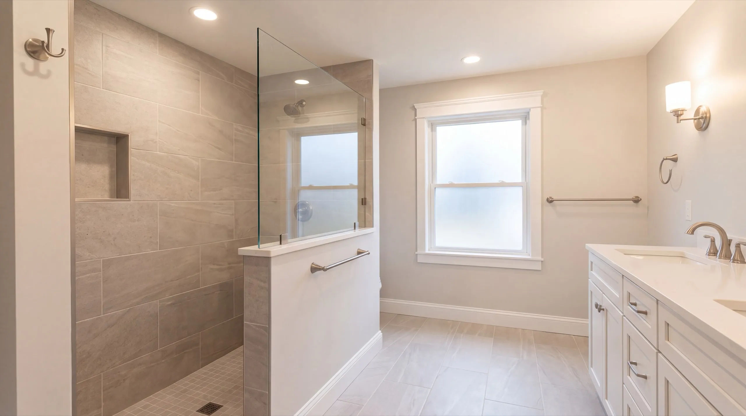 Remodeling Litchfield Maine: bathroom with a walk-in shower behind a glass panel, grab bar and vanity