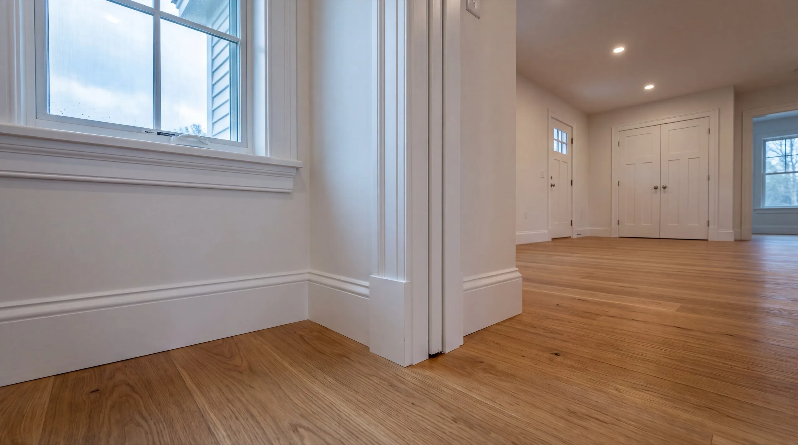 Home remodeling contractor Litchfield Maine: finished rooms with painted baseboard, door casing and a light oak floor