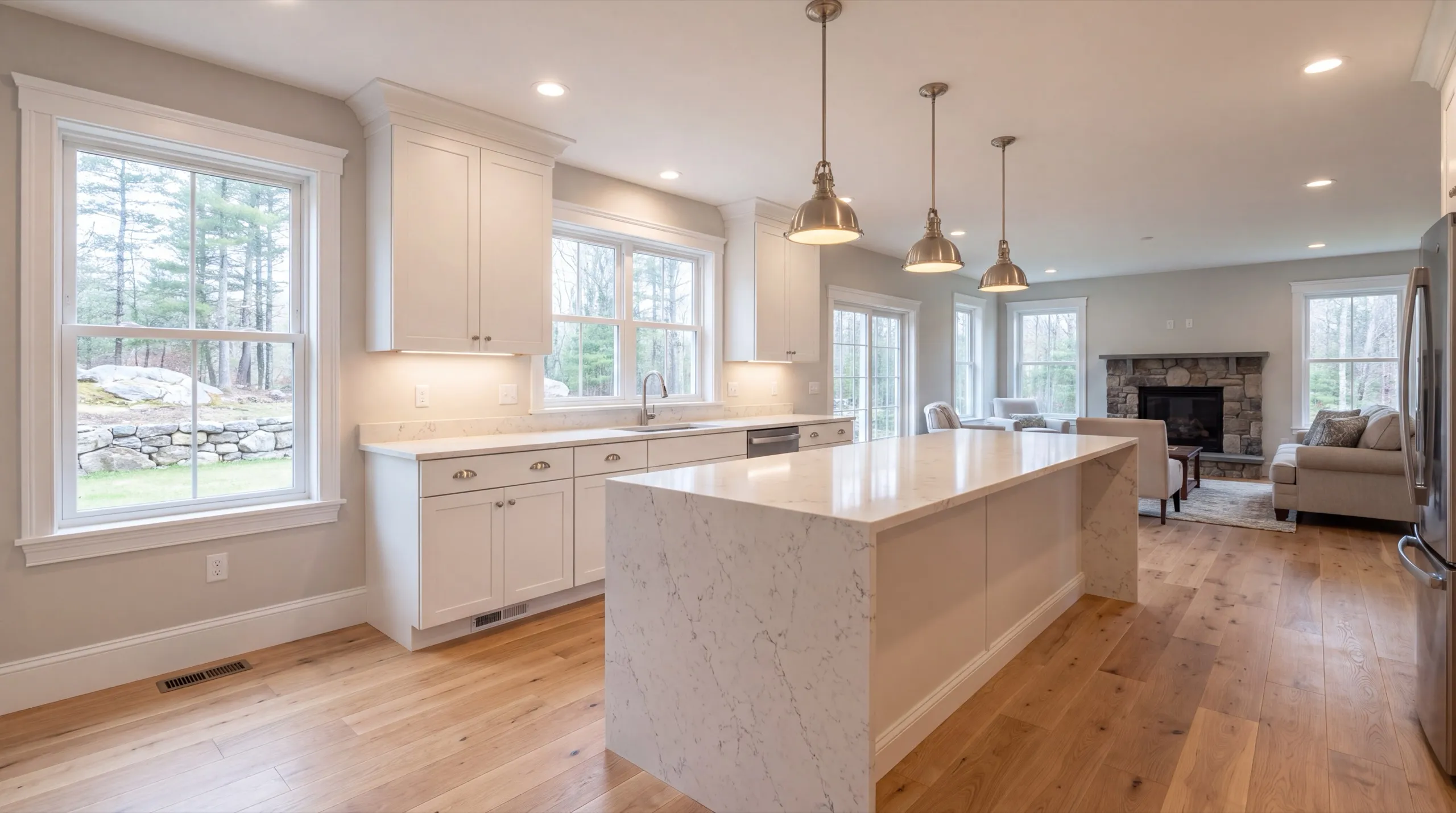 Remodeling in Litchfield, ME: finished white kitchen with a waterfall island open to a living room