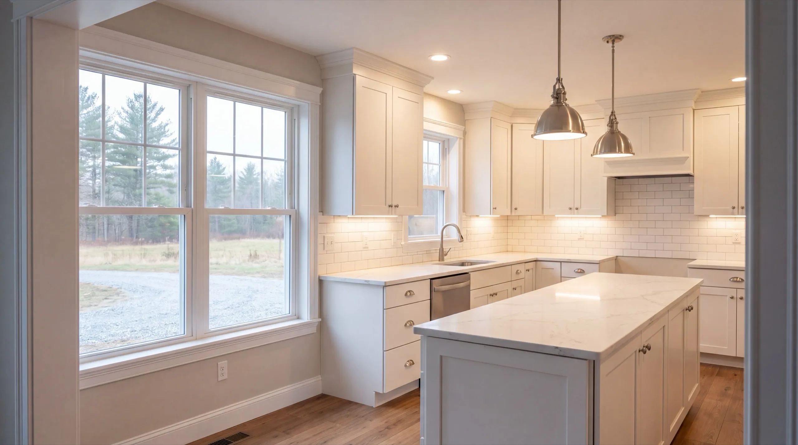 Remodeling Litchfield Maine: white kitchen with an island, two steel pendants and subway tile backsplash