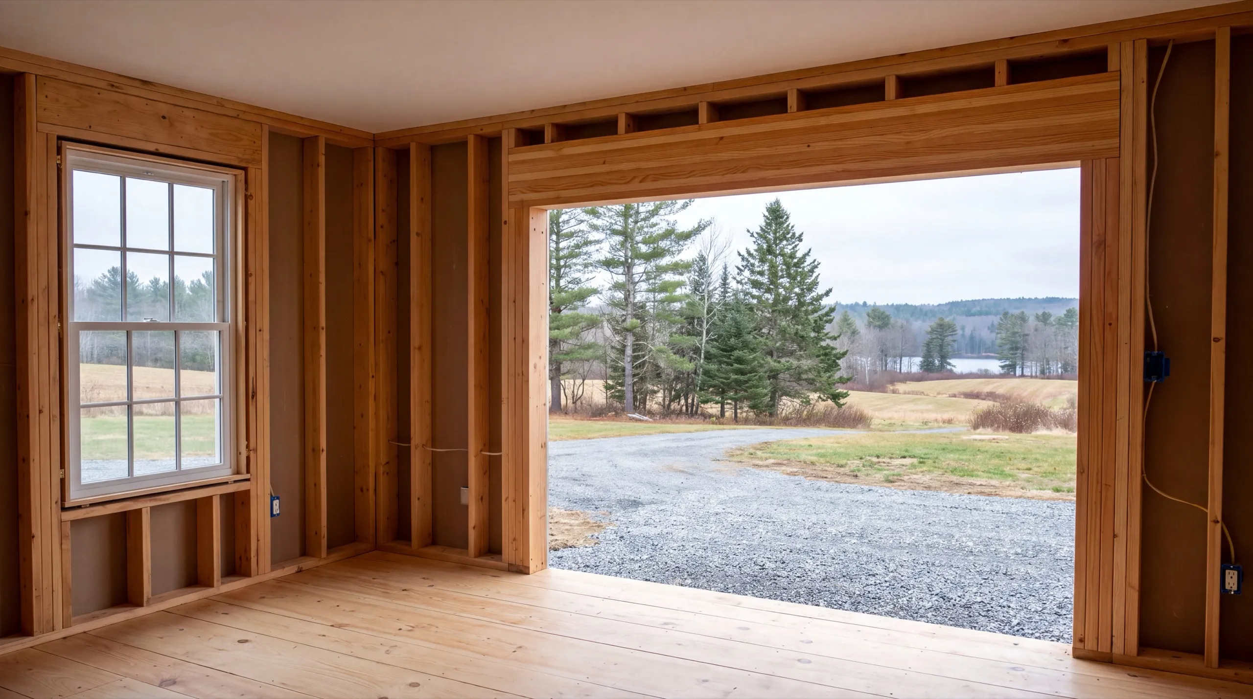 Home remodeling contractor Litchfield Maine: framed room with a wide header over a large opening to a gravel yard