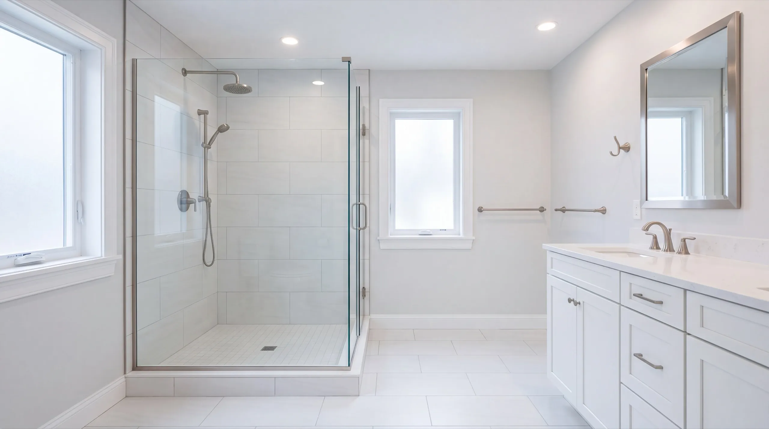 Remodeling Manchester Maine: white bathroom with a glass-enclosed tiled shower, grab bars and a vanity
