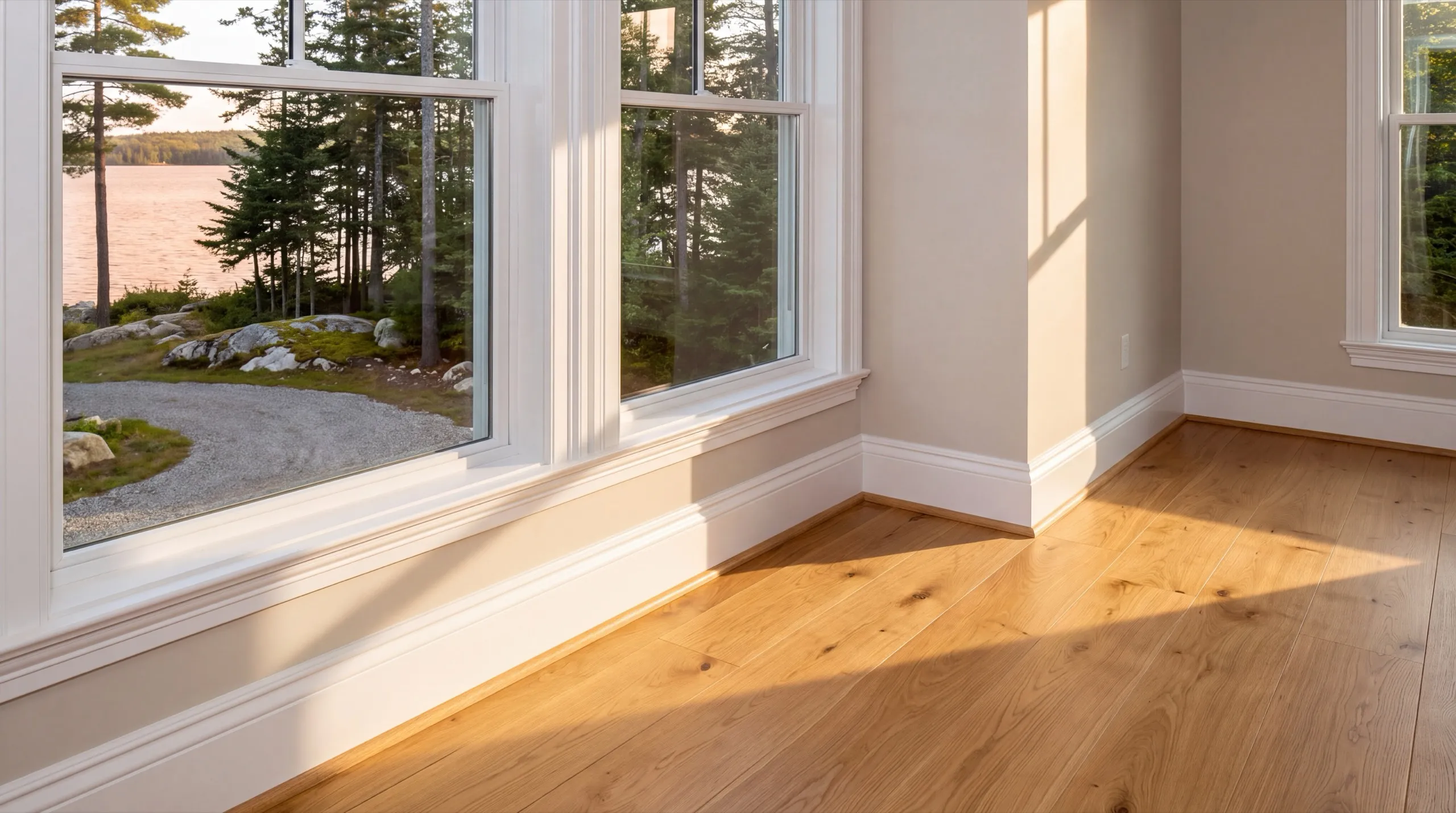 Home remodeling contractor Manchester Maine: finished room with cased lake-view windows, baseboard and an oak floor