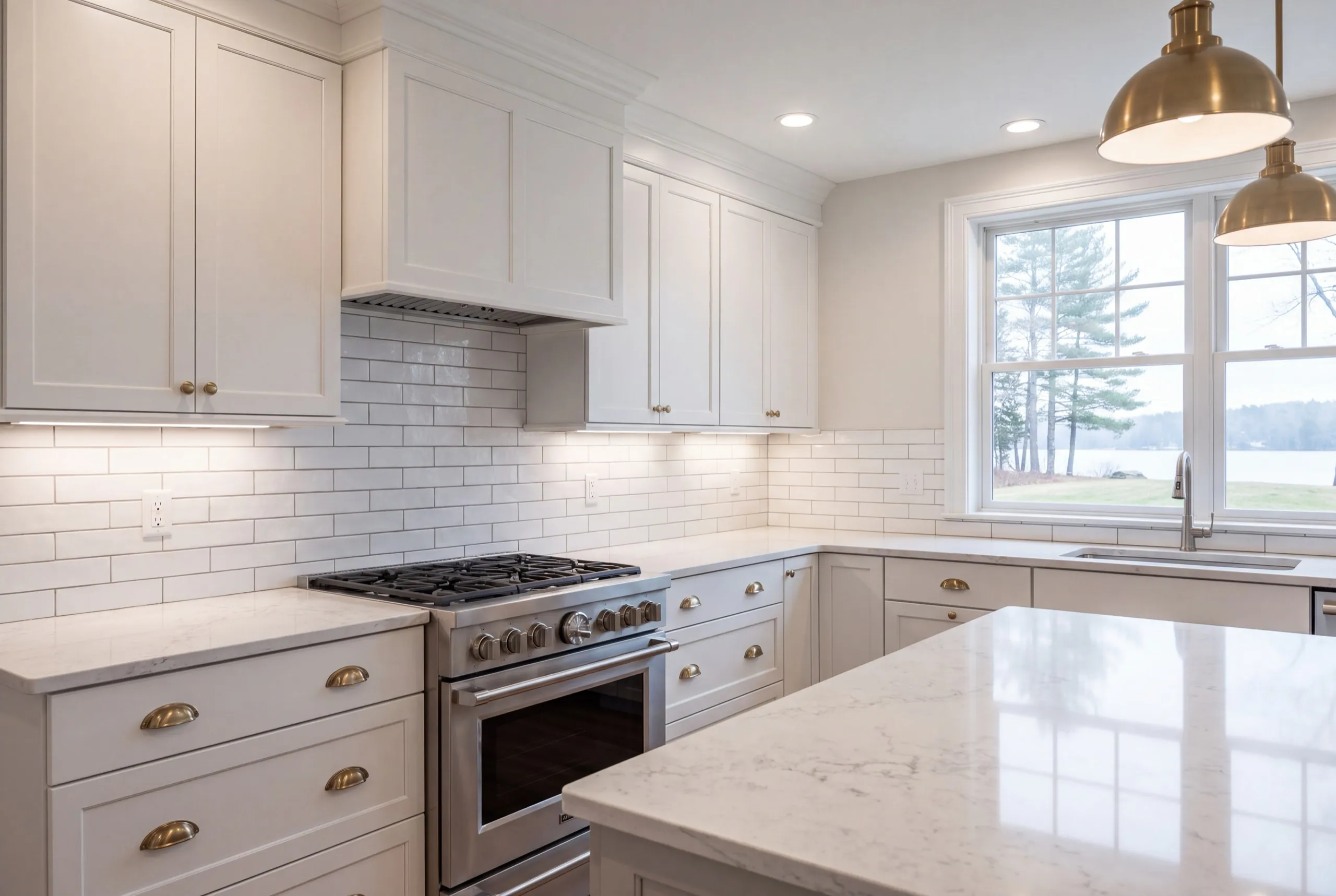 Remodeling Manchester Maine: white shaker cabinets, quartz counters and subway tile up behind a gas range