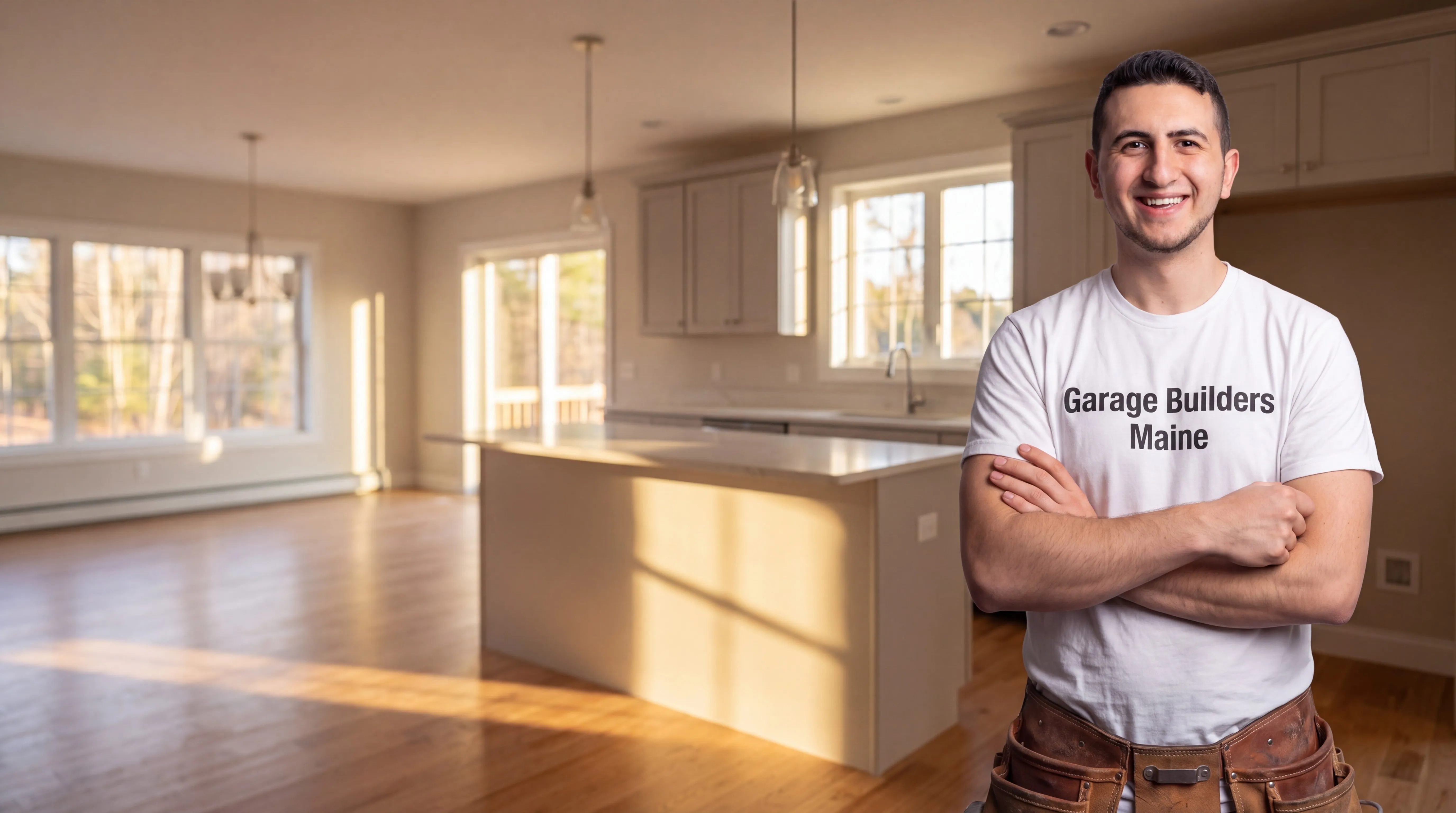 Remodeling Manchester Maine: owner with arms crossed in front of a finished kitchen with an island