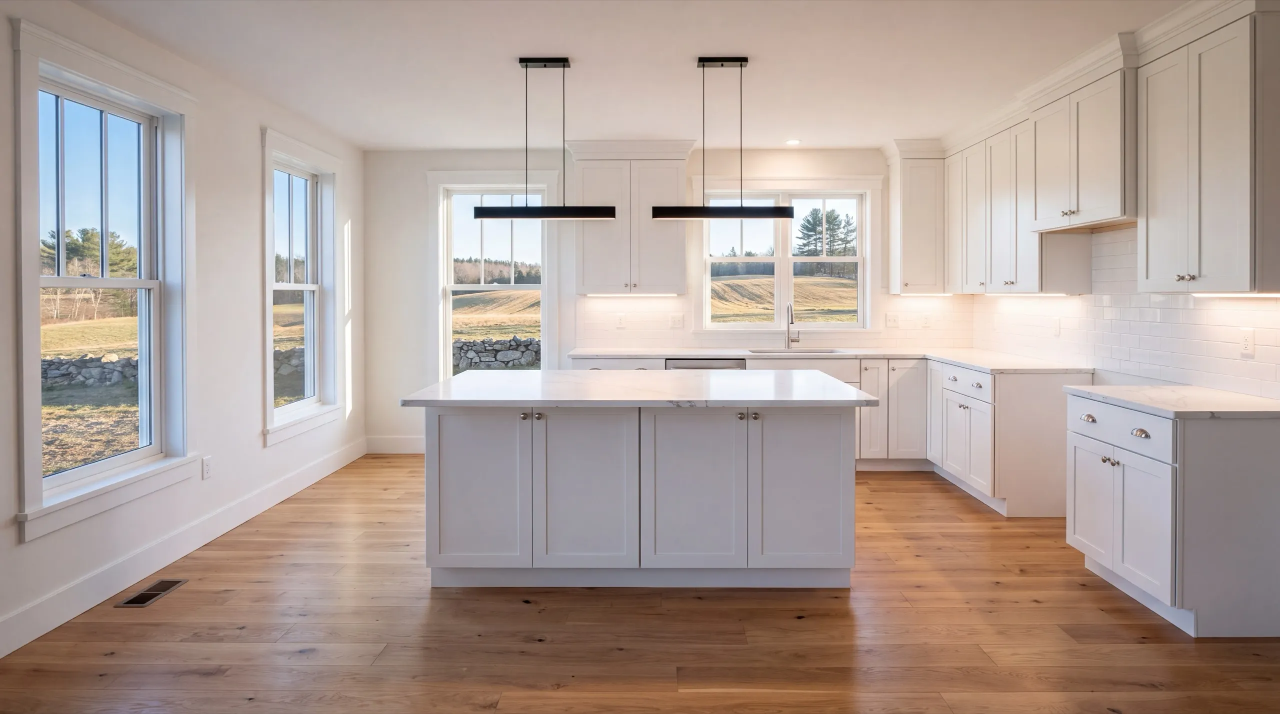 Remodeling in Monmouth, ME: finished white kitchen with an island, black linear pendants and oak floor