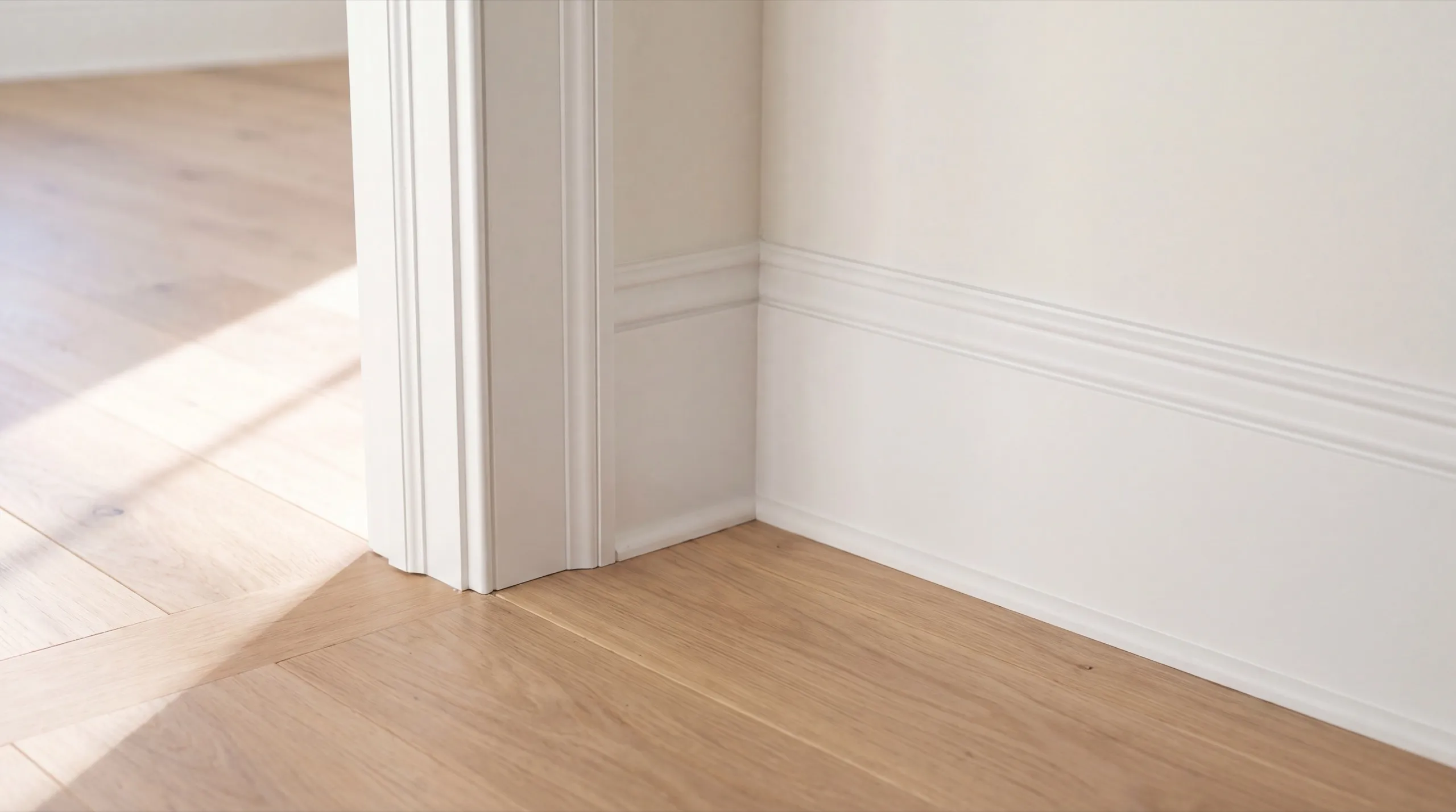 Home remodeling contractor Pittston Maine: finished door casing, chair rail and baseboard meeting a light oak floor