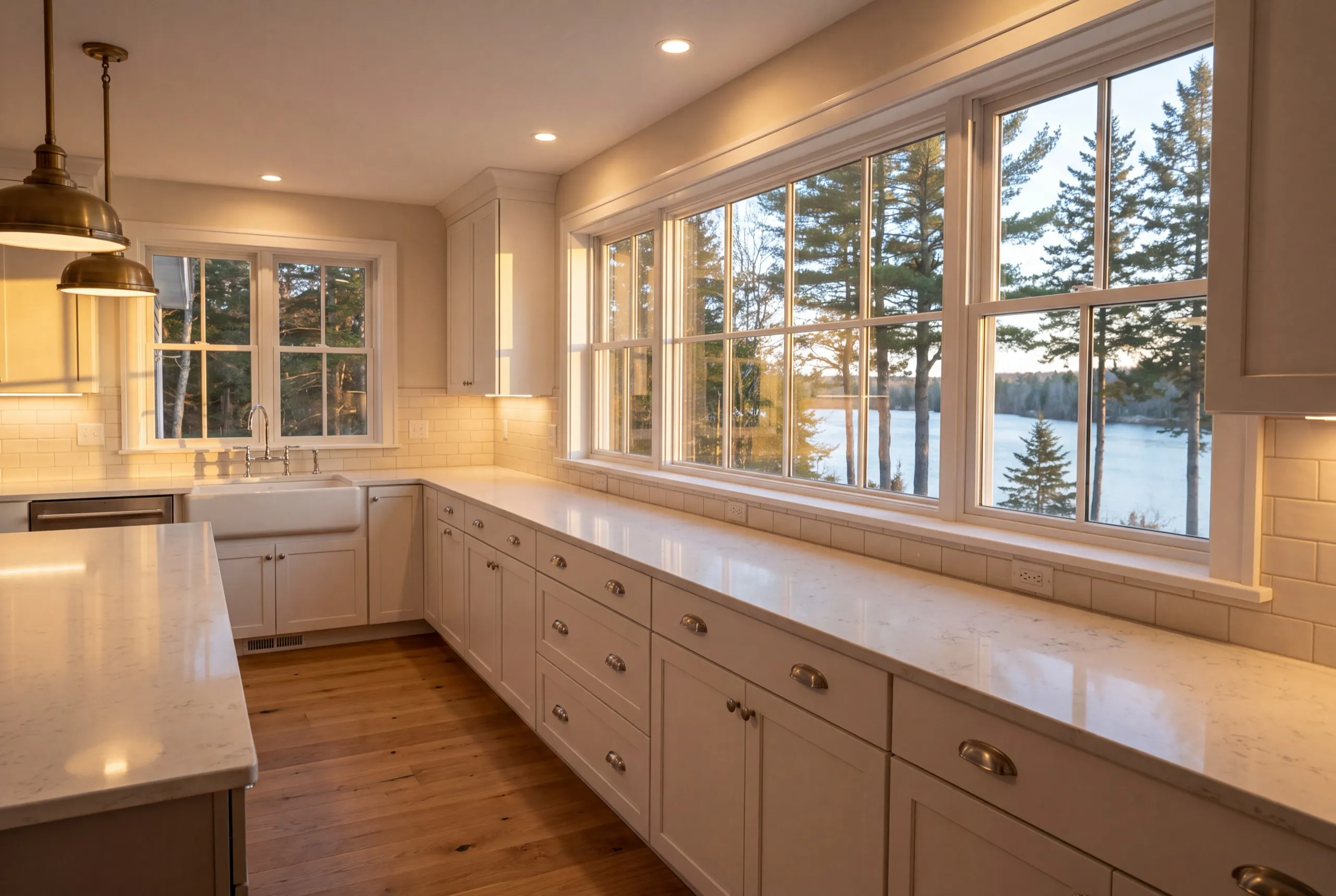 Remodeling Pittston Maine: long kitchen counter run under wide windows facing a river, apron sink