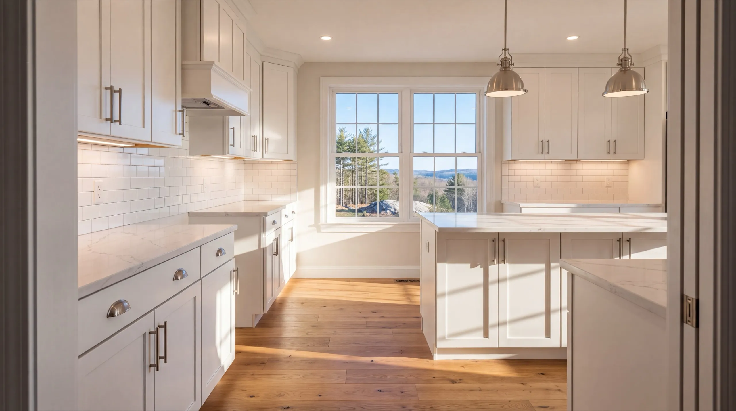 Remodeling Pittston Maine: white kitchen with an island and a sink window looking out over hills